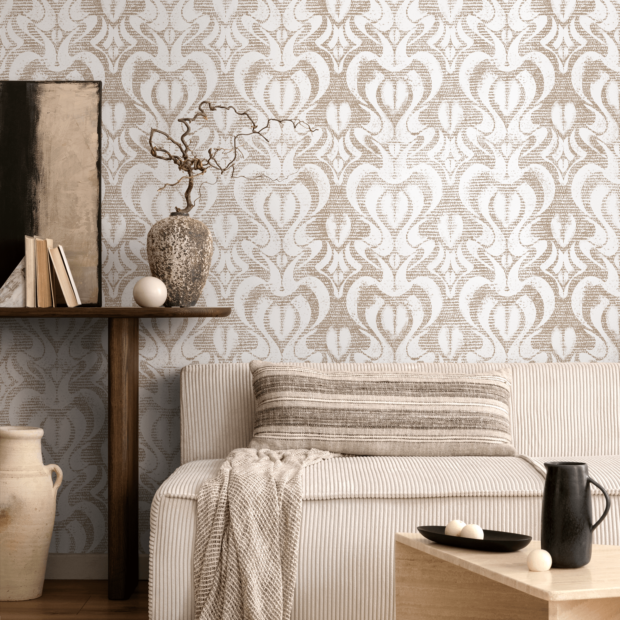 Vintage Damask Wallpaper With A Textured Motif In Beige And Cream - C869