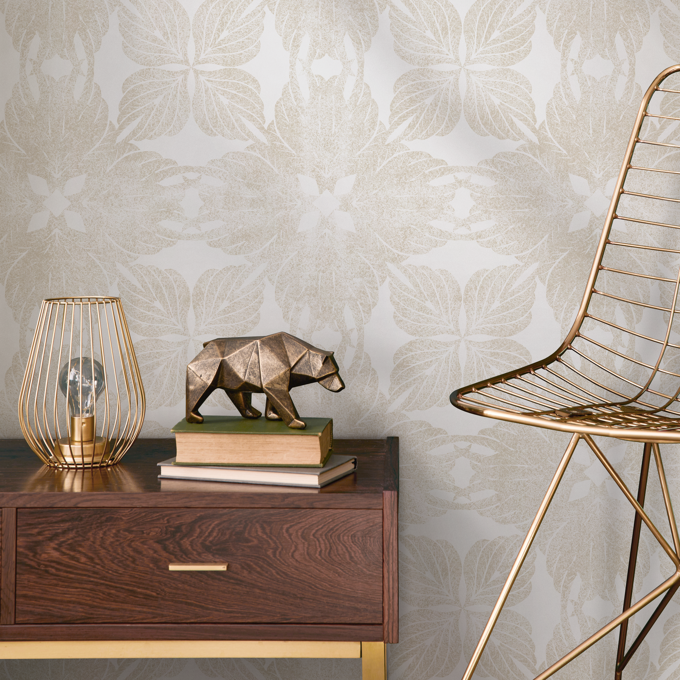 Floral Wallpaper With A Geometric Leaf Motif In Beige - C870
