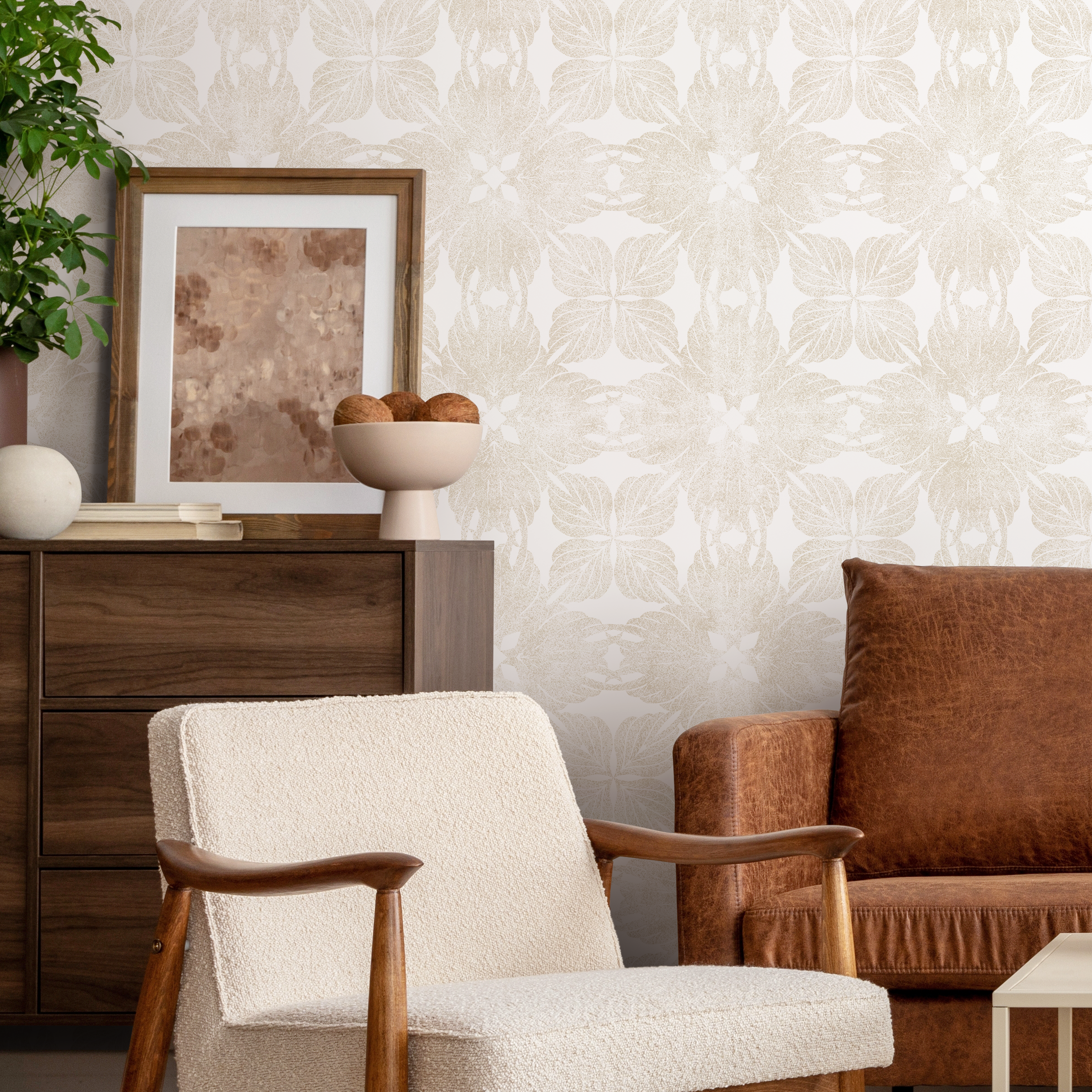 Floral Wallpaper With A Geometric Leaf Motif In Beige - C870
