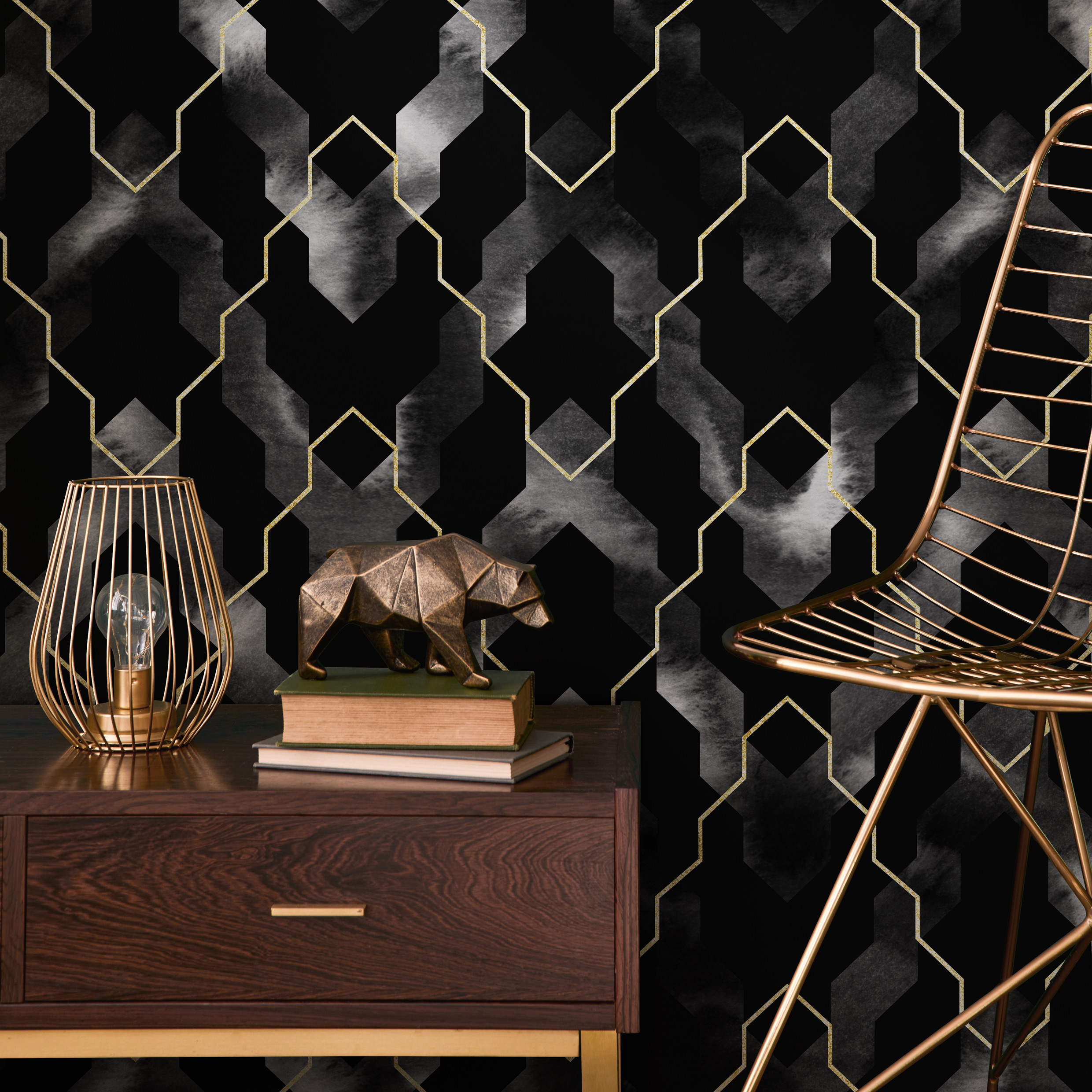 Geometric Wallpaper With An Art Deco Trellis In Black, Gold, And Grey - C871