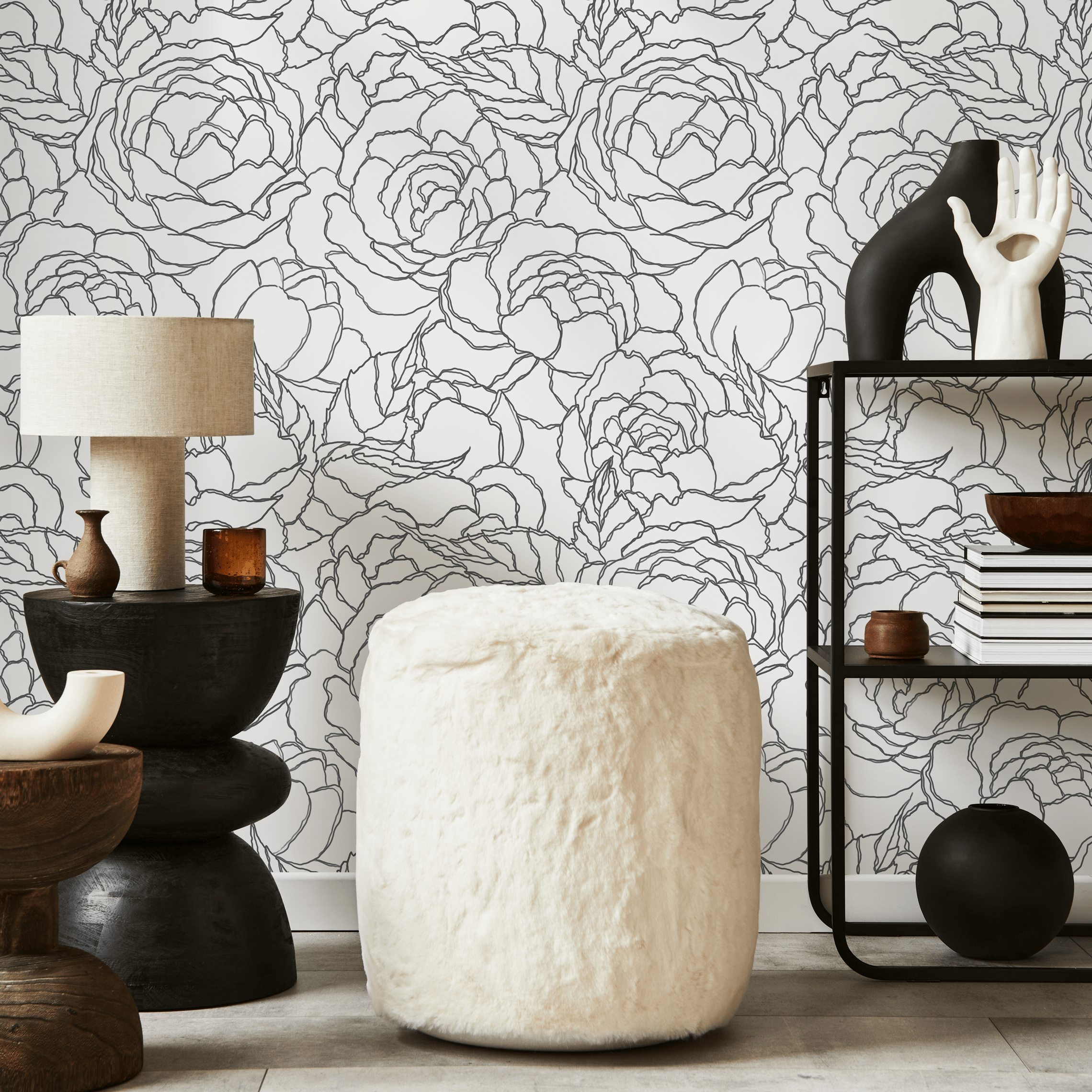 Floral Wallpaper With A Large Peony Line Art Motif In Gray - C872