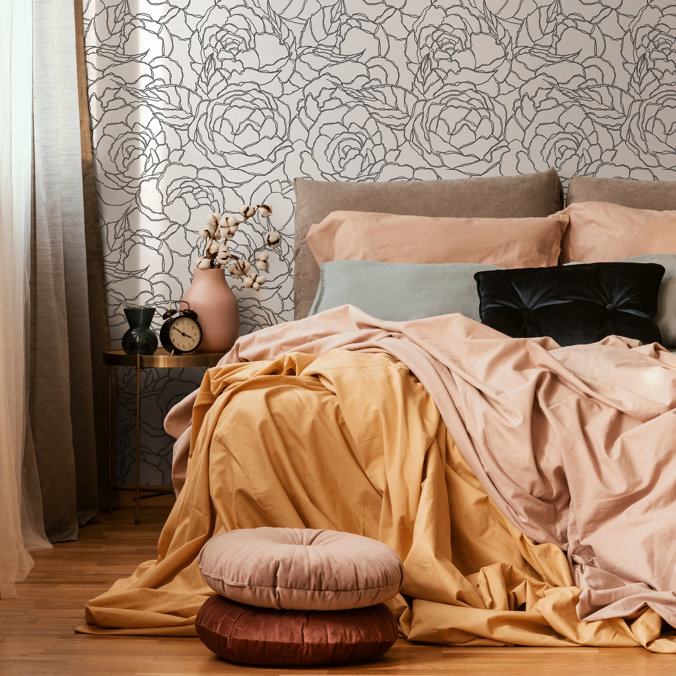 Floral Wallpaper With A Large Peony Line Art Motif In Gray - C872