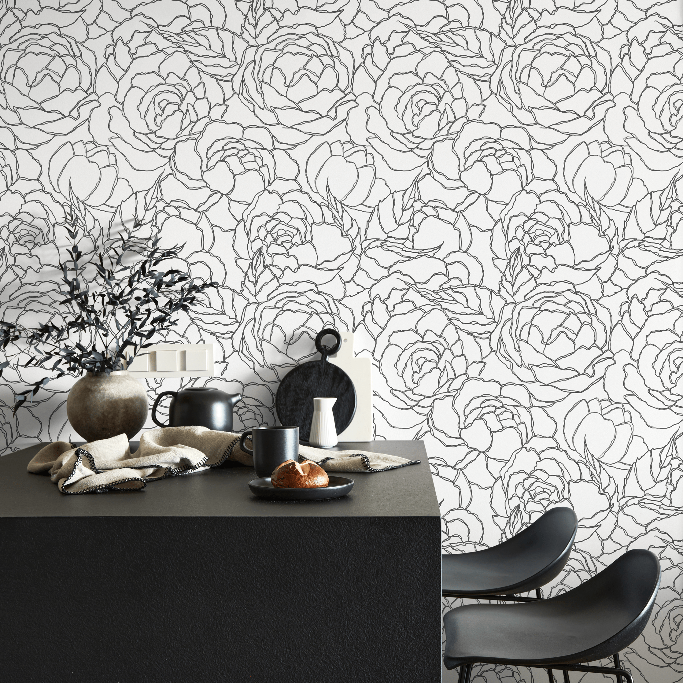 Floral Wallpaper With A Large Peony Line Art Motif In Gray - C872
