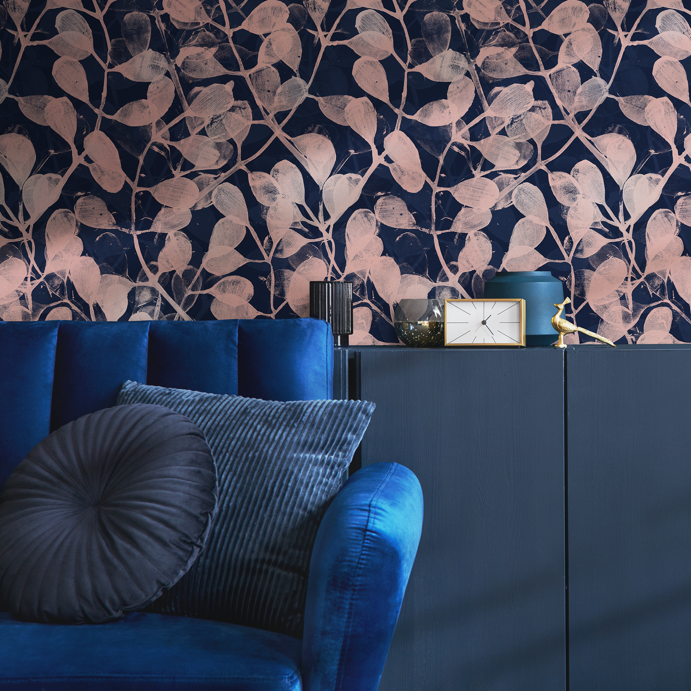 Botanical Wallpaper With A Stamped Leaf Motif In Navy And Pink - C873