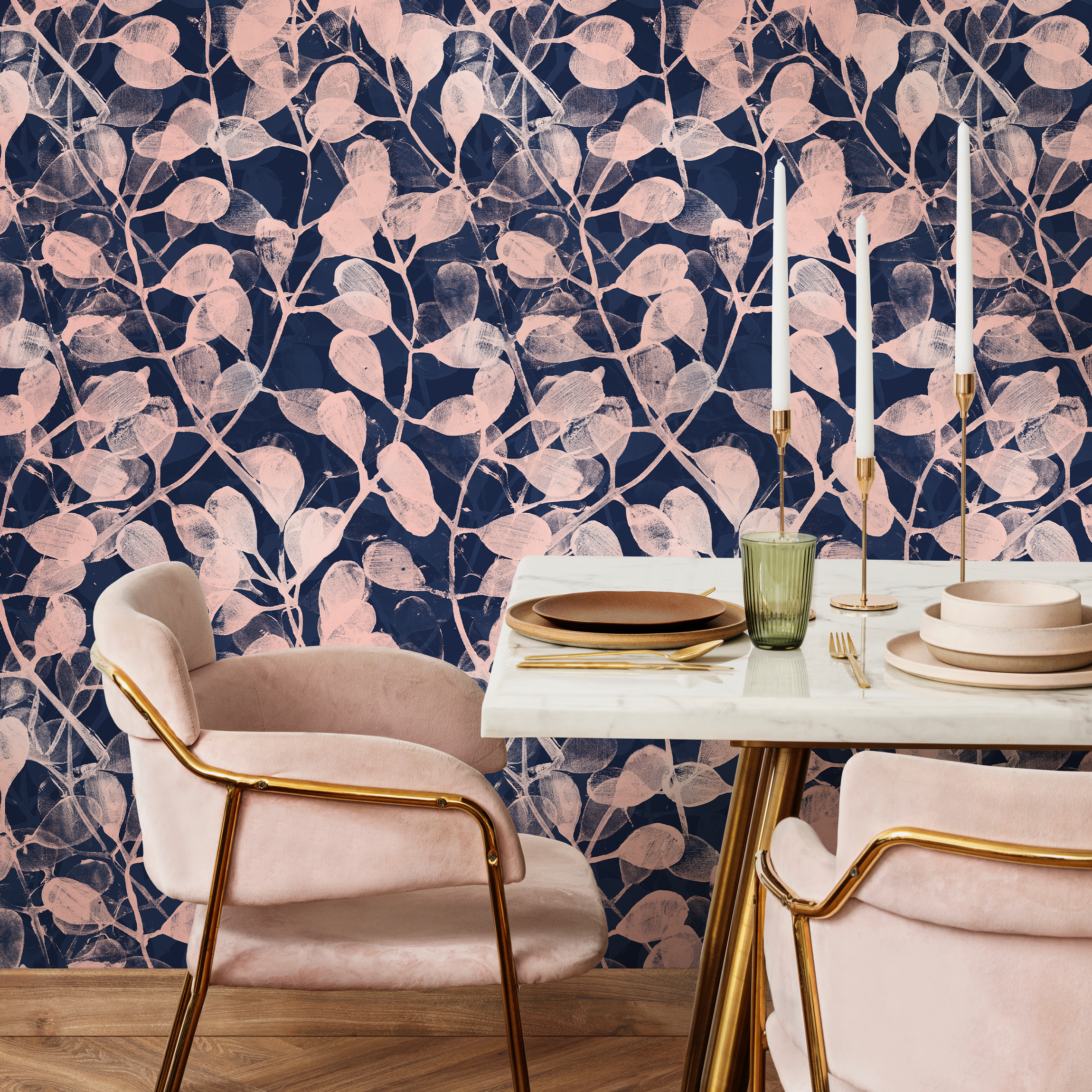 Botanical Wallpaper With A Stamped Leaf Motif In Navy And Pink - C873