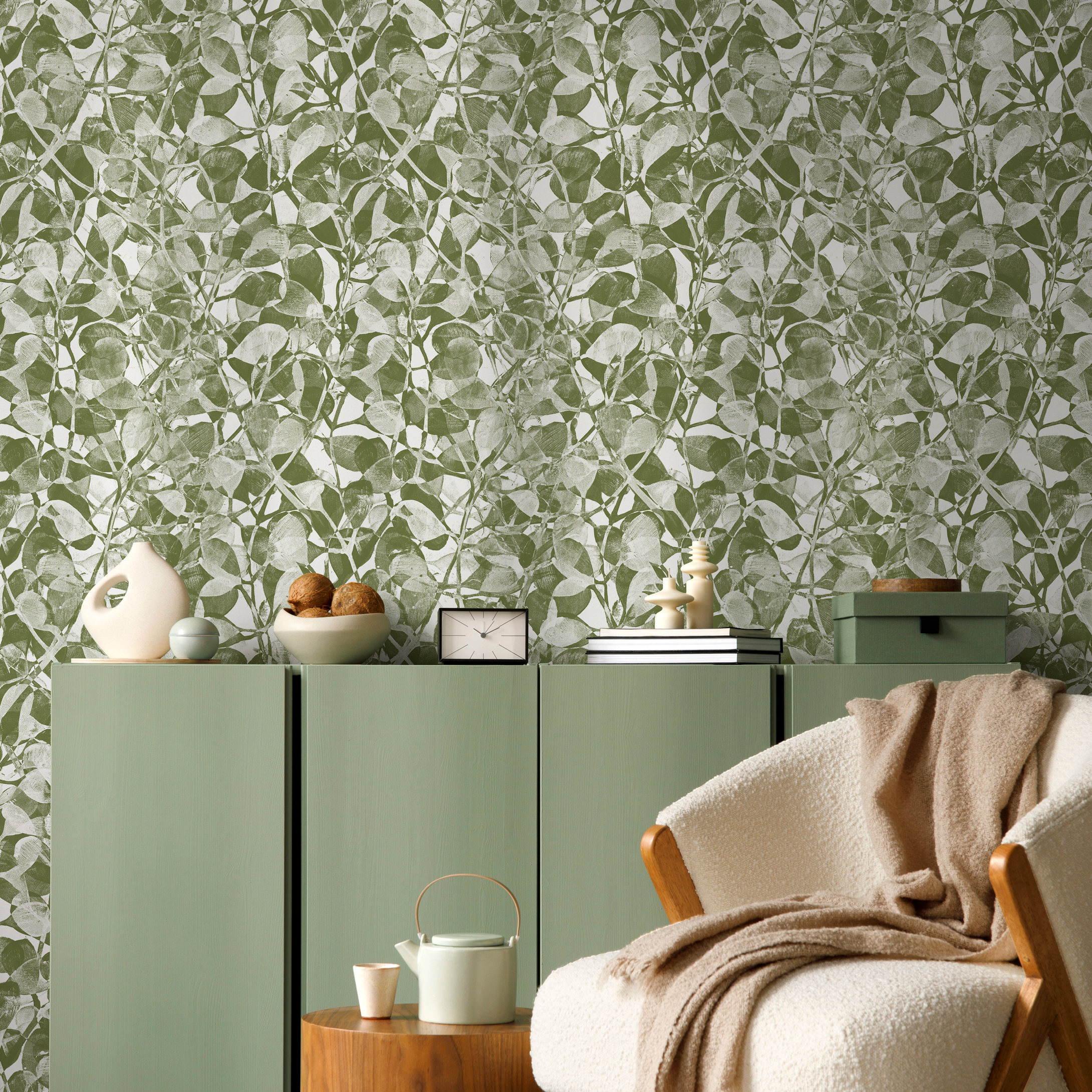 Botanical Wallpaper With A Stamped Leaf Motif In Green And Light Grey - C874