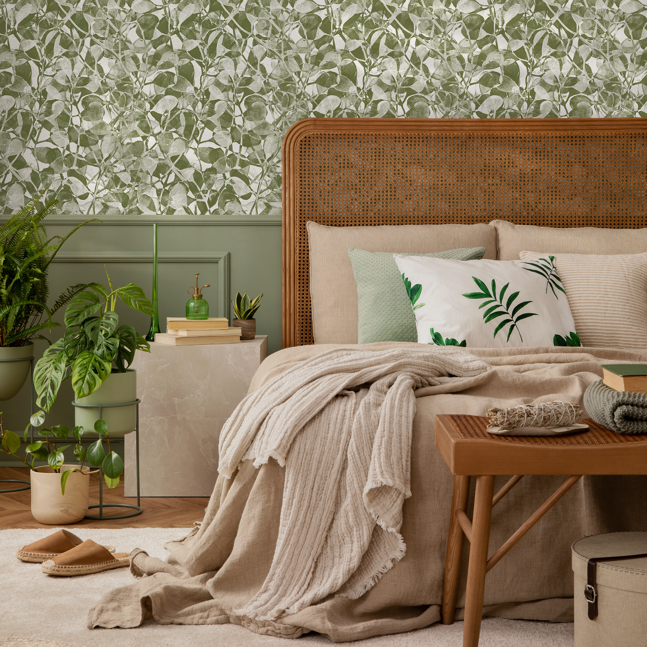 Botanical Wallpaper With A Stamped Leaf Motif In Green And Light Grey - C874