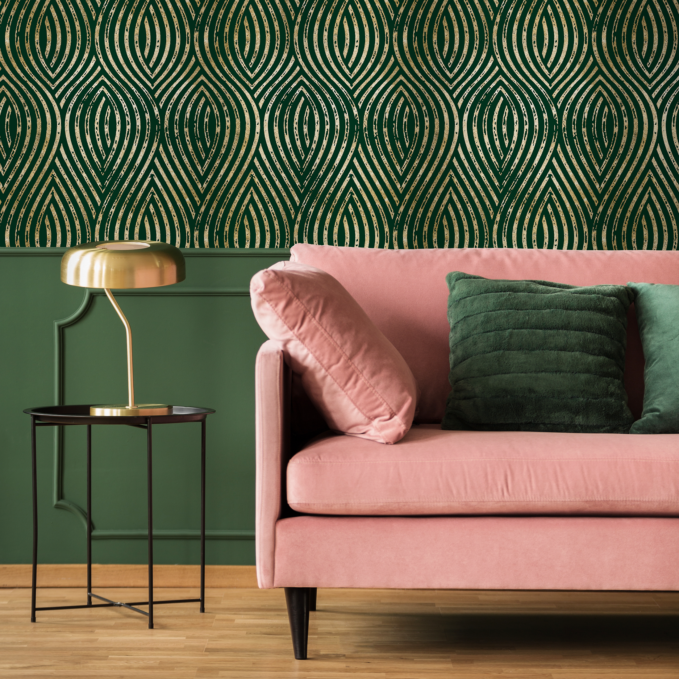 Art Deco Wallpaper With Distressed Gold Arches In Green And Gold - C878
