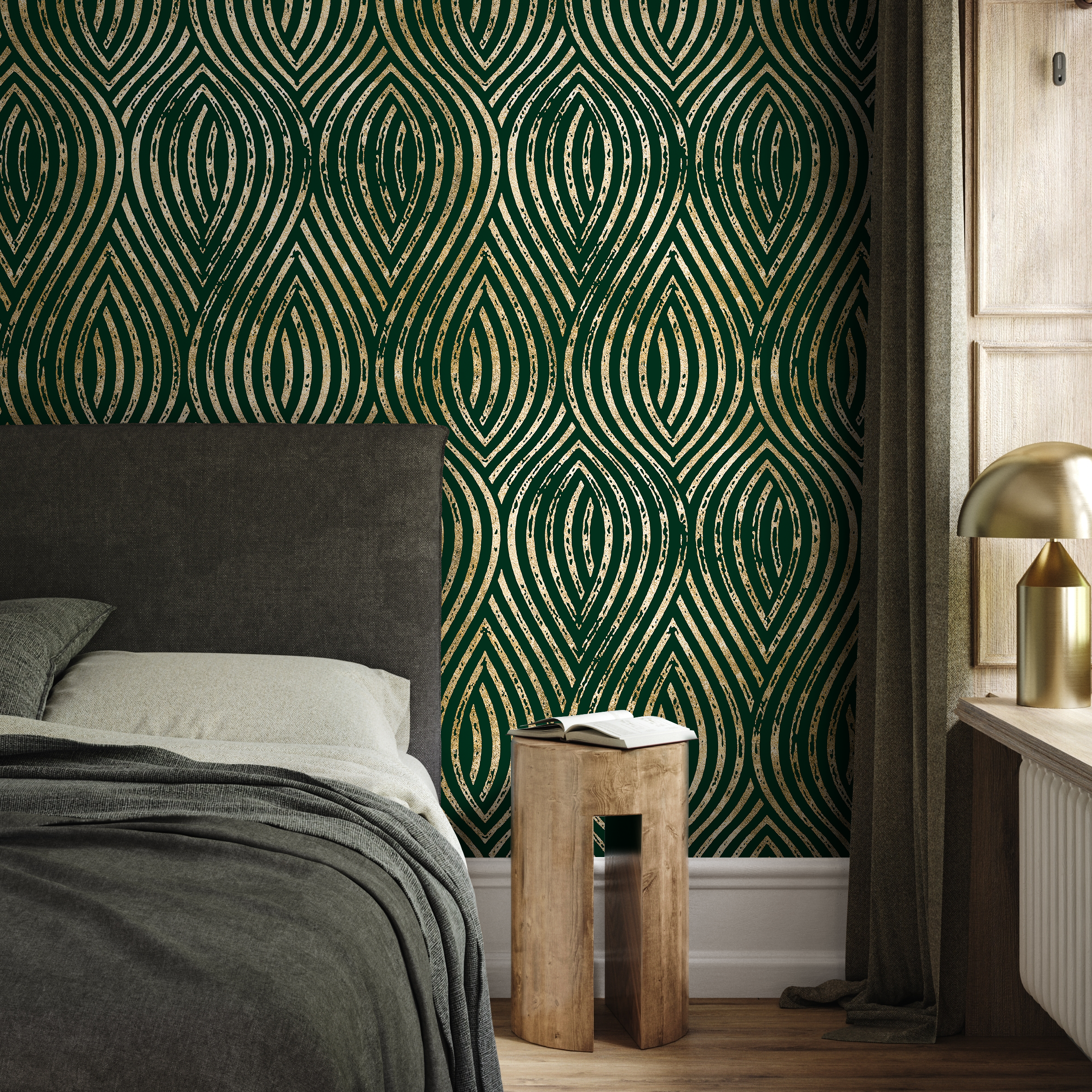 Art Deco Wallpaper With Distressed Gold Arches In Green And Gold - C878
