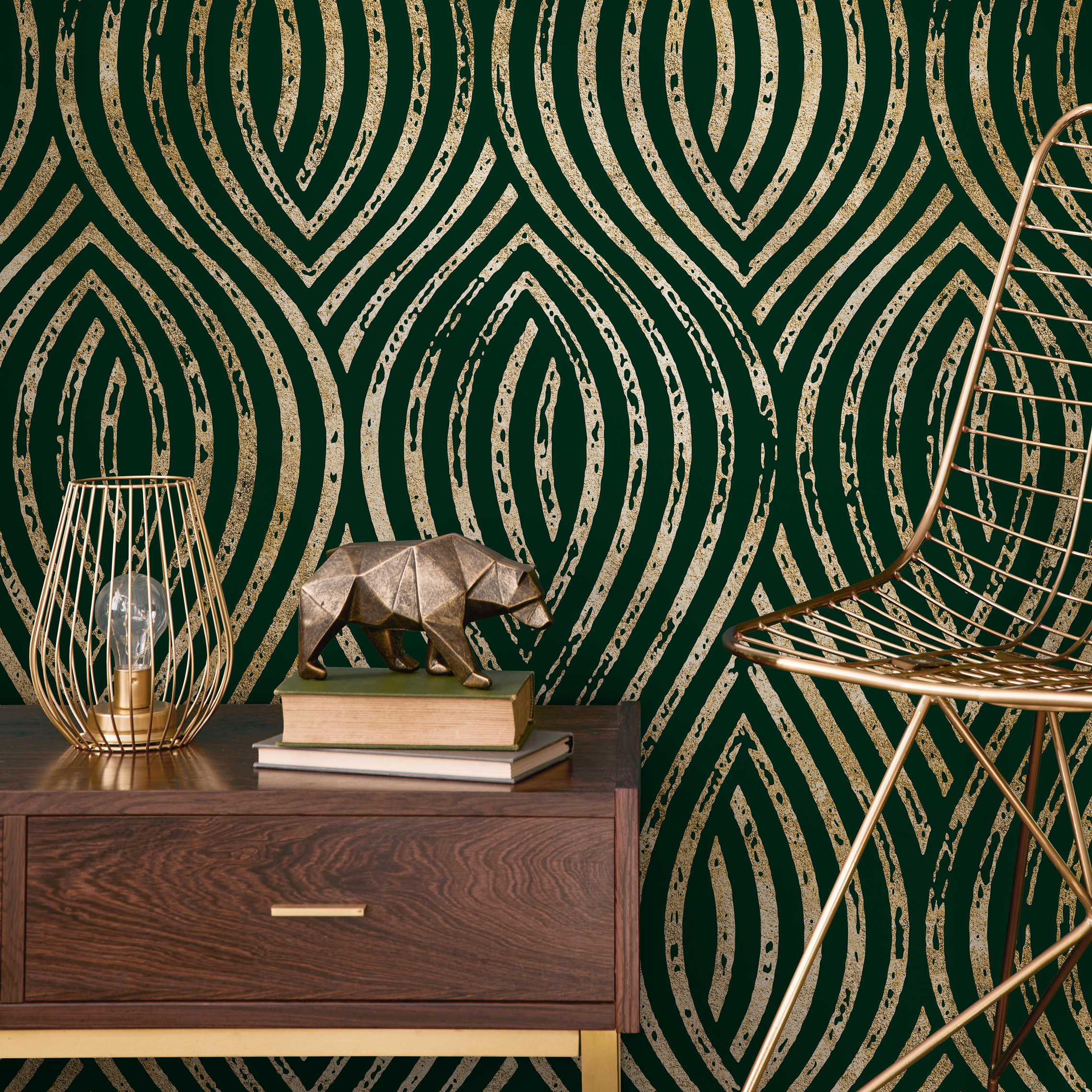 Art Deco Wallpaper With Distressed Gold Arches In Green And Gold - C878