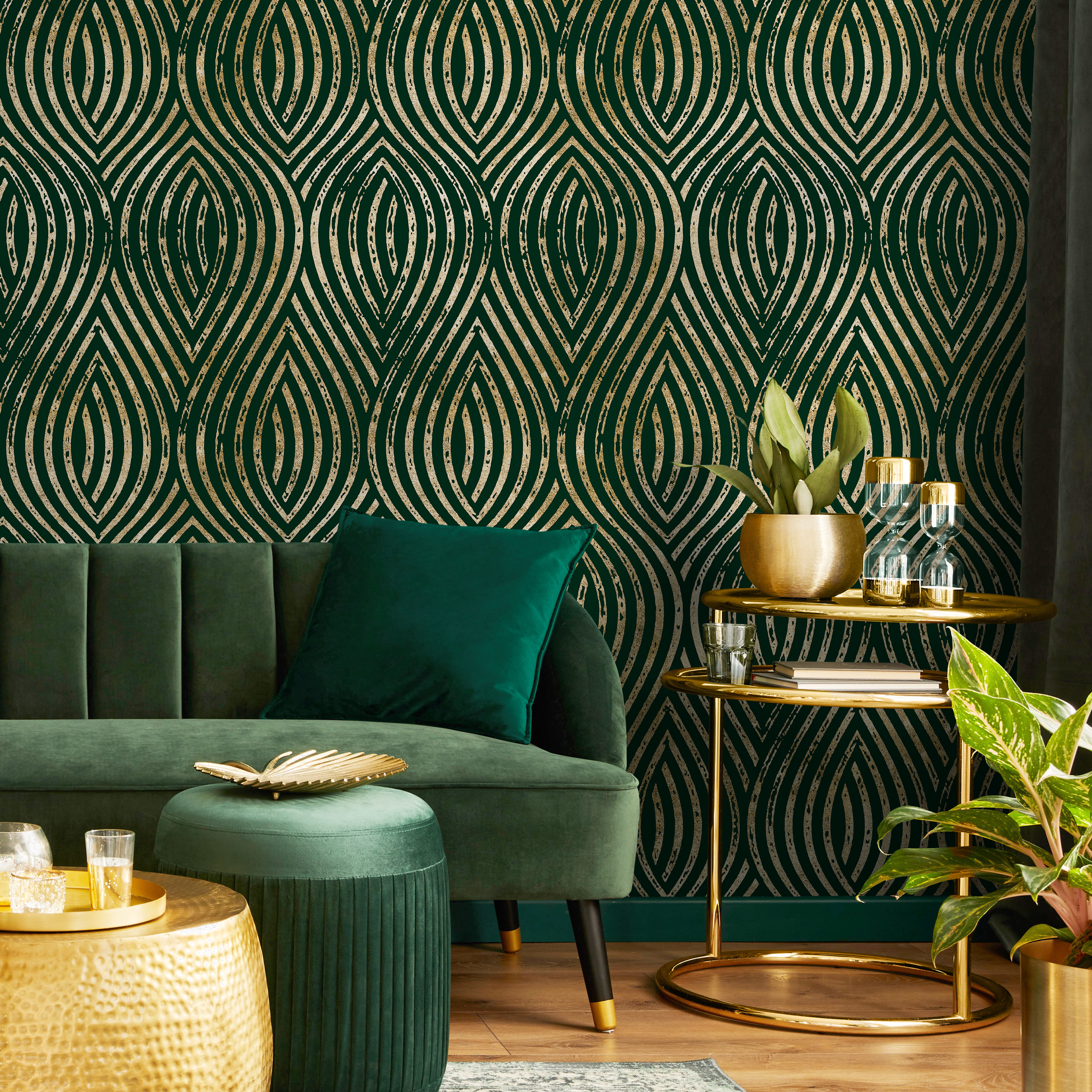 Art Deco Wallpaper With Distressed Gold Arches In Green And Gold - C878