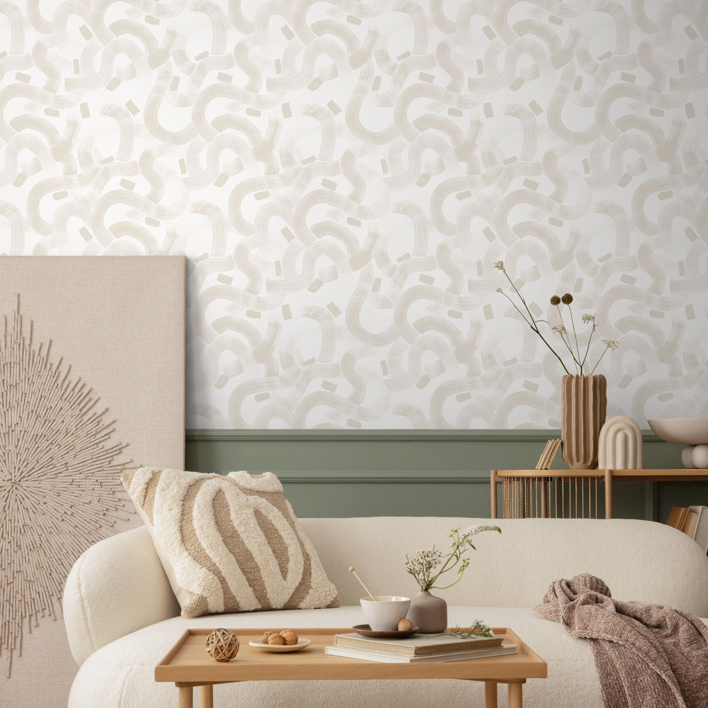 Abstract Wallpaper With Wavy Brushstroke Lines In Beige And White - C880