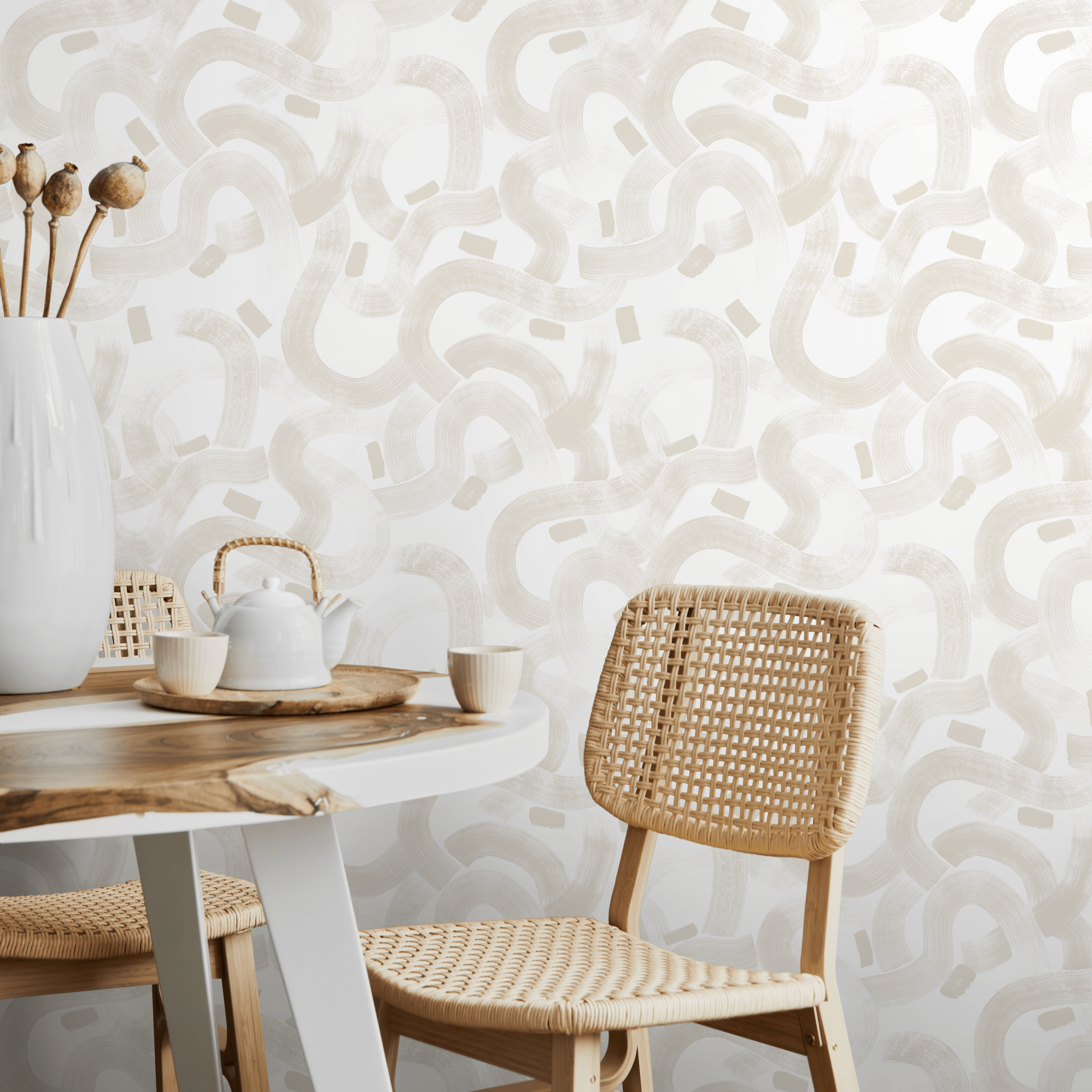 Abstract Wallpaper With Wavy Brushstroke Lines In Beige And White - C880