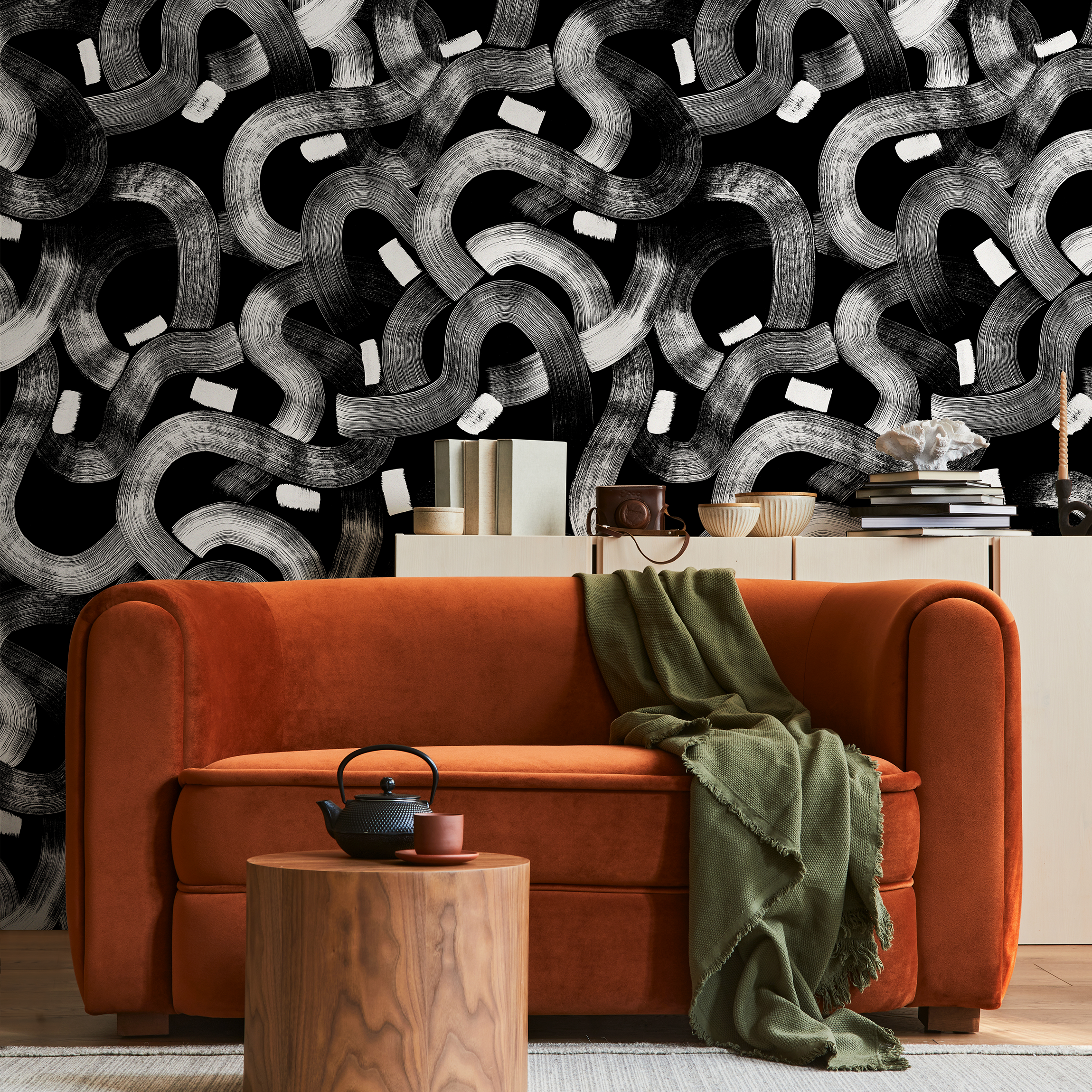 Abstract Wallpaper Featuring Flowing Brushstrokes In Black And White - C881