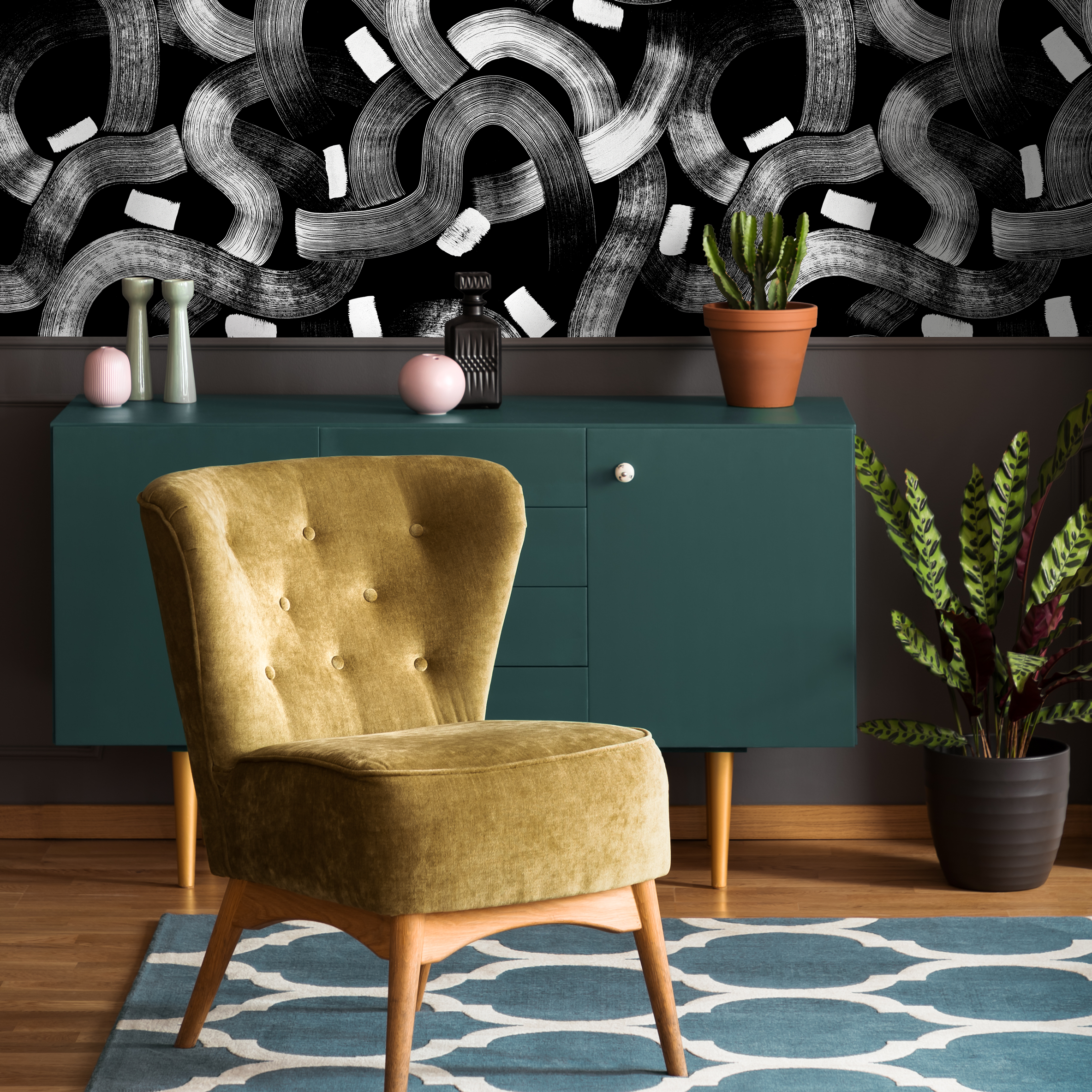 Abstract Wallpaper Featuring Flowing Brushstrokes In Black And White - C881