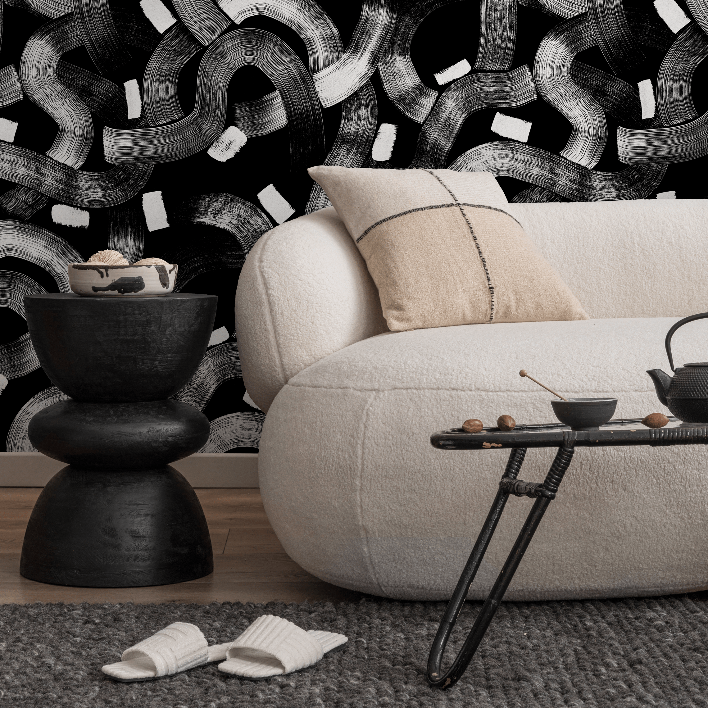 Abstract Wallpaper Featuring Flowing Brushstrokes In Black And White - C881