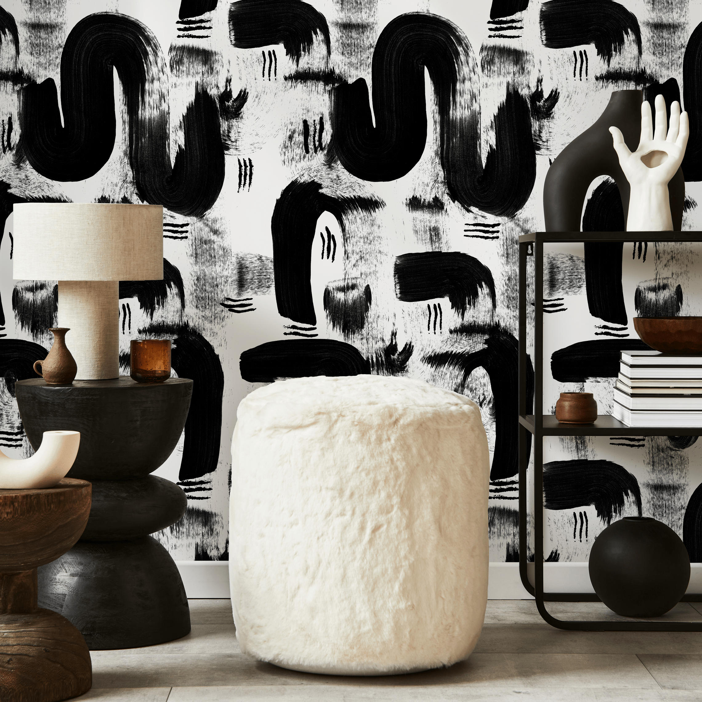 Abstract Wallpaper With Painterly Brushstrokes In Black And White - C882