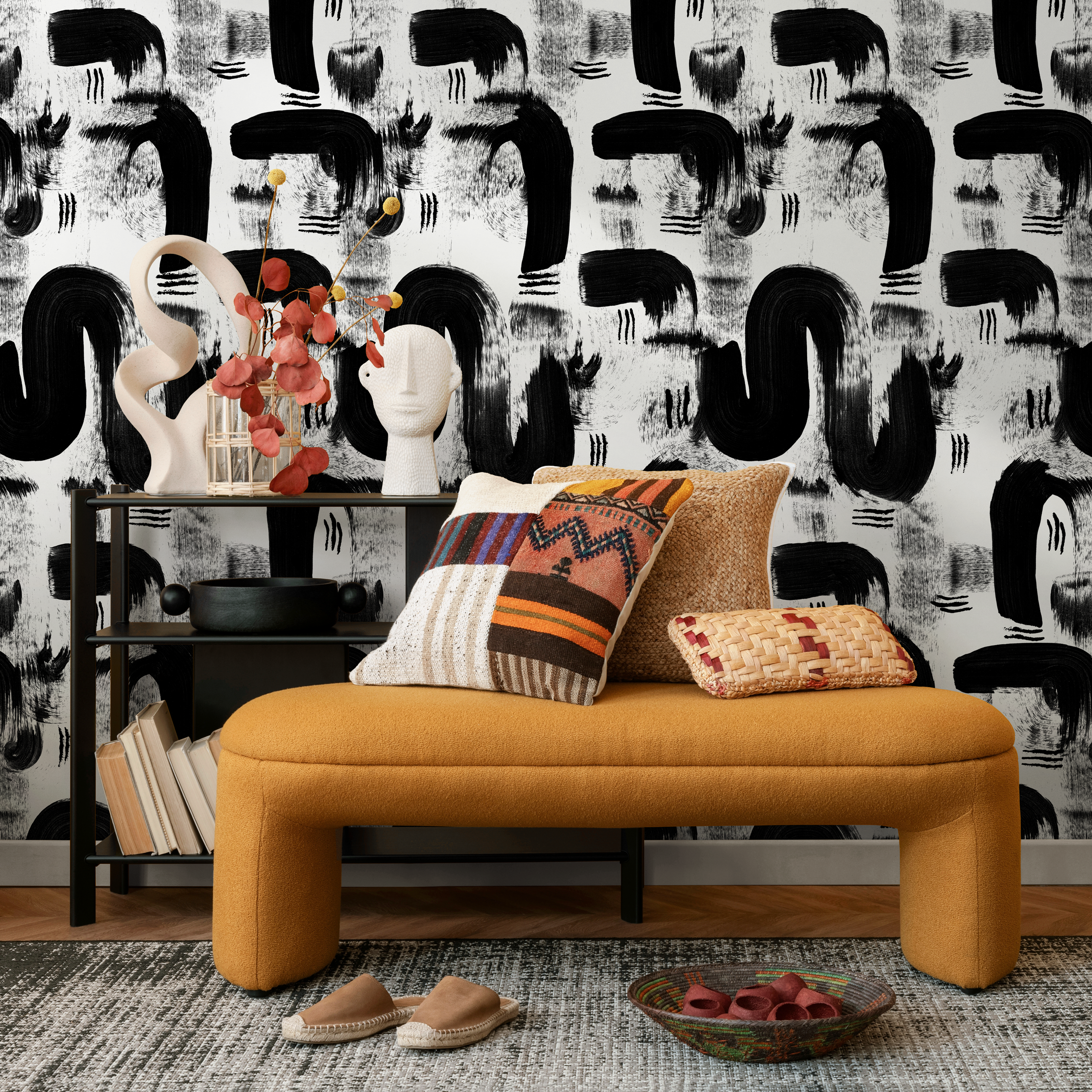 Abstract Wallpaper With Painterly Brushstrokes In Black And White - C882