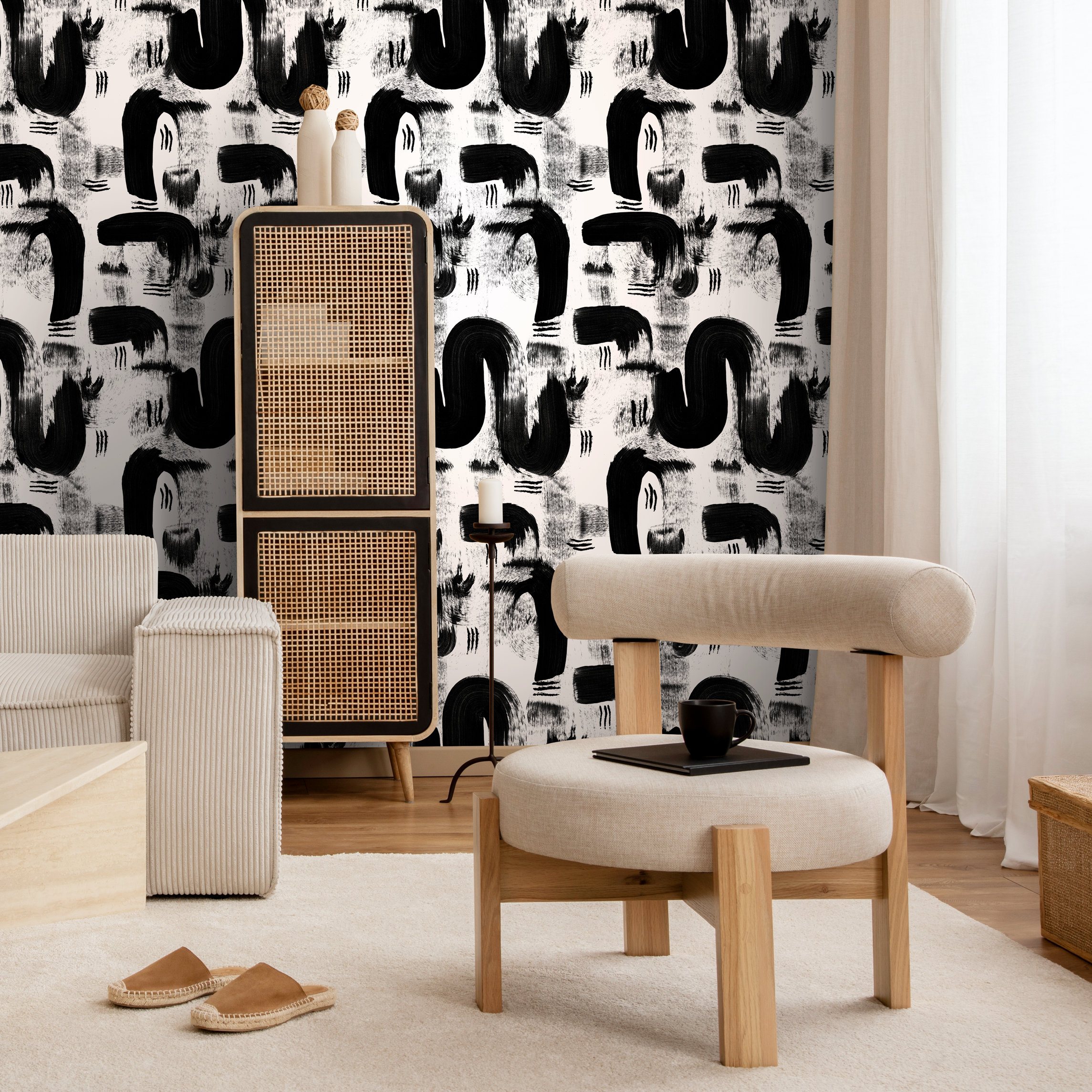 Abstract Wallpaper With Painterly Brushstrokes In Black And White - C882