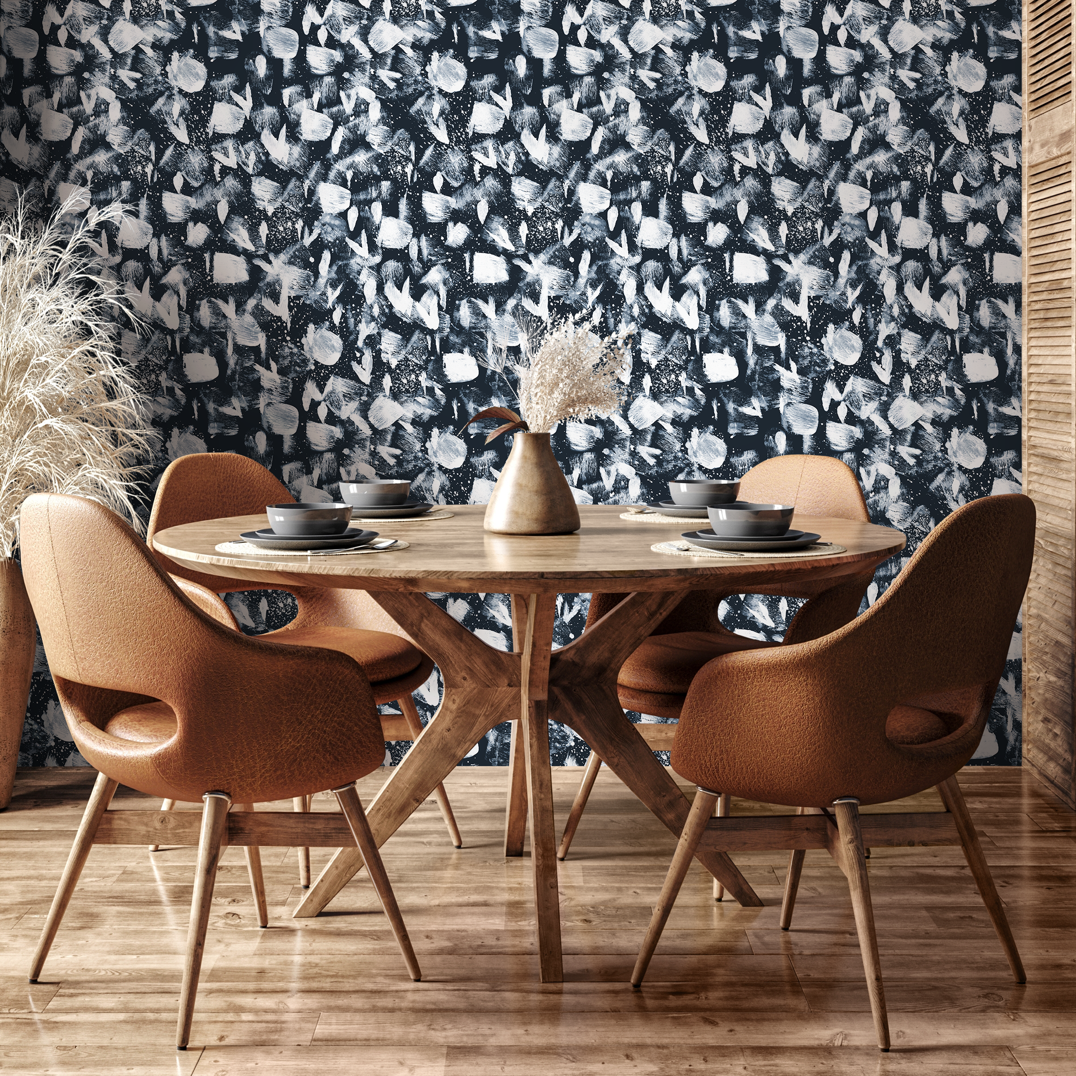 Abstract Wallpaper With Expressive Brushstrokes In Navy Blue And White - C884