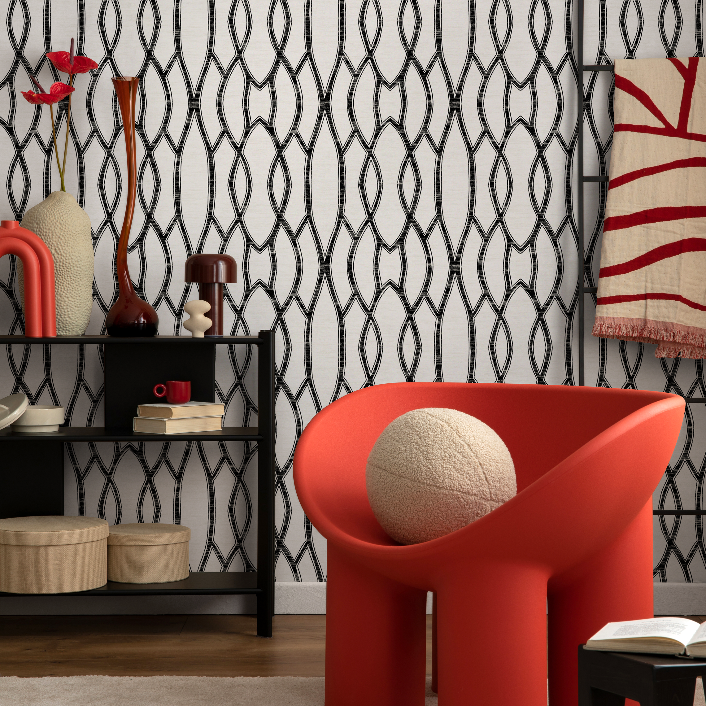 Geometric Wallpaper With An Interlocking Chain Motif In Black And White - C887