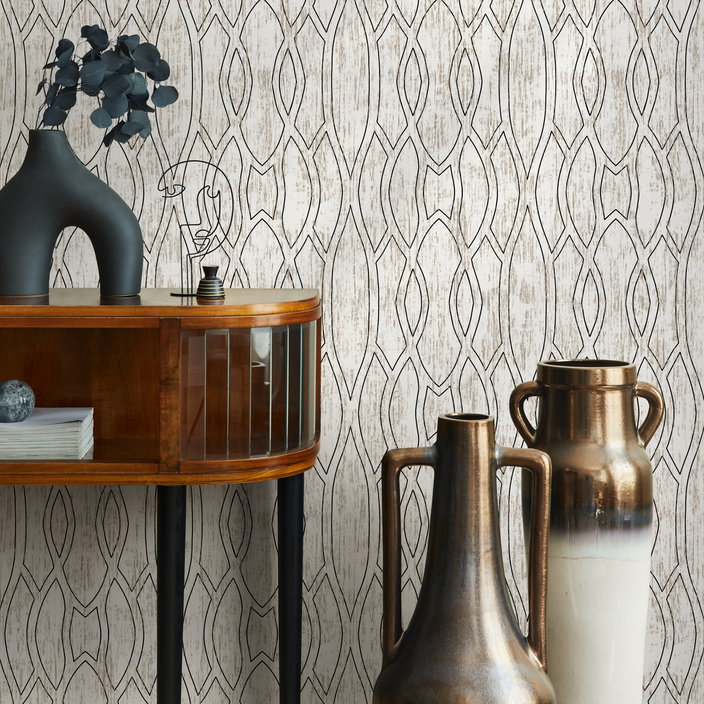Geometric Wallpaper With Interlocking Lines In Black And Beige - C888