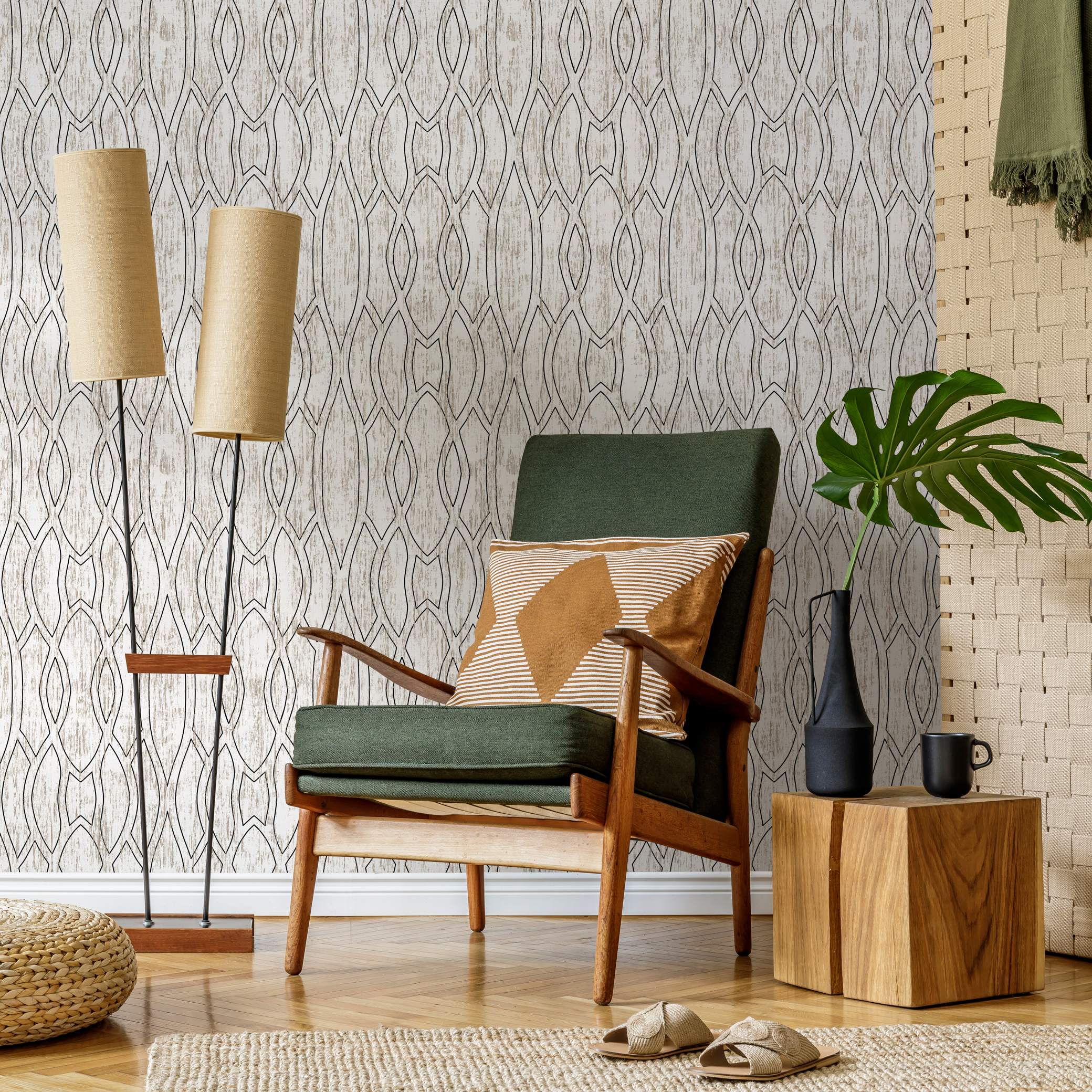 Geometric Wallpaper With Interlocking Lines In Black And Beige - C888