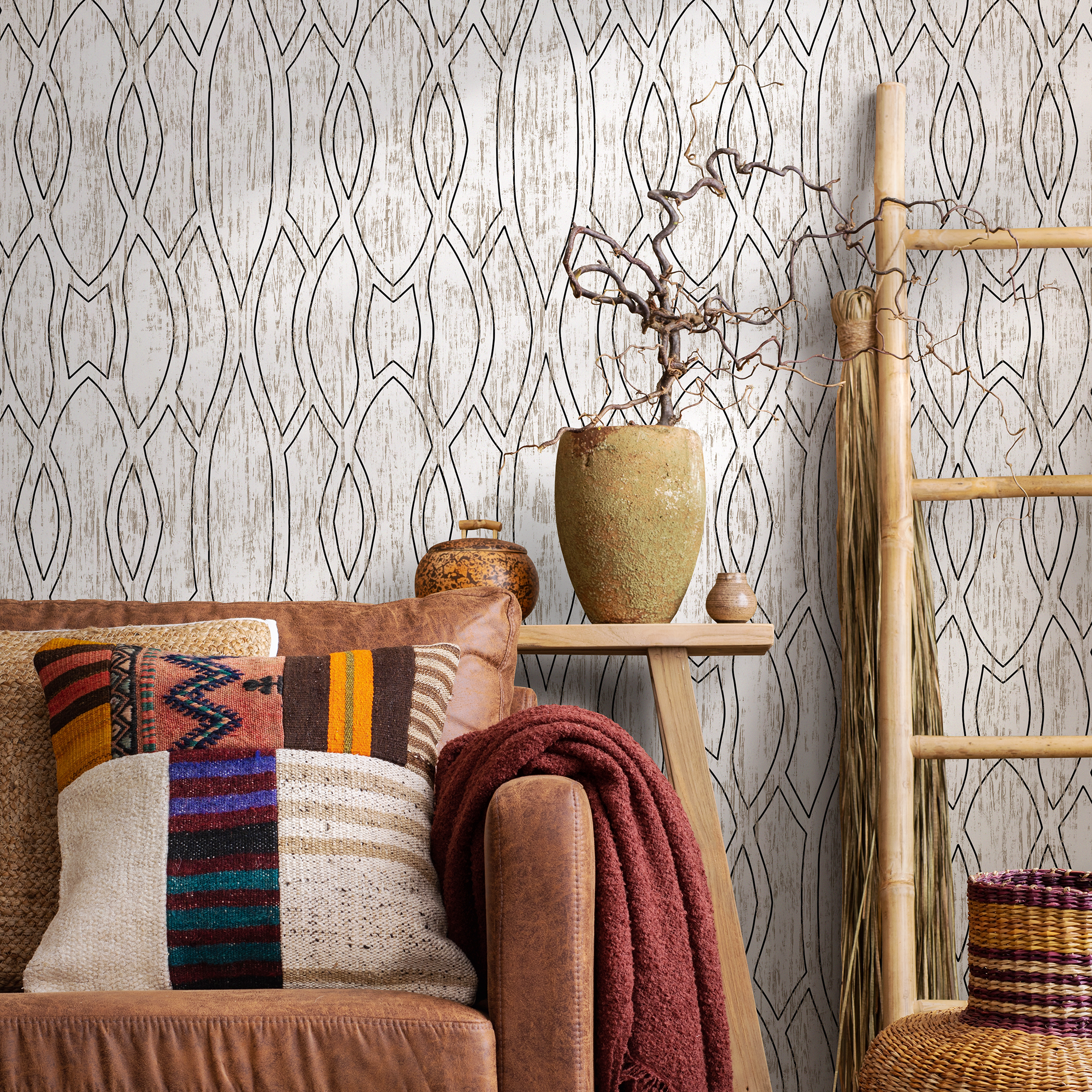 Geometric Wallpaper With Interlocking Lines In Black And Beige - C888