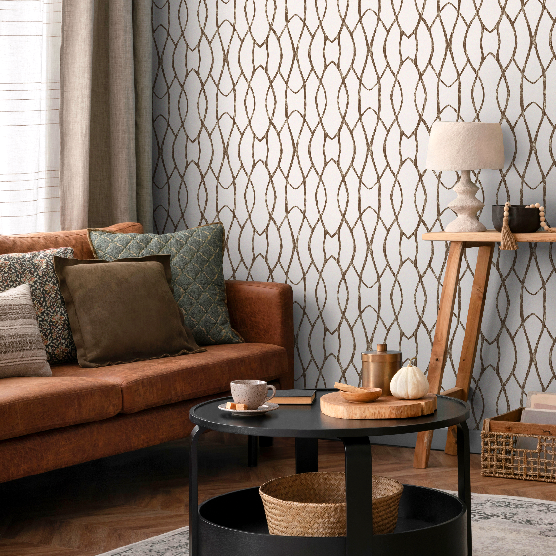 Geometric Wallpaper With Interlocking Wavy Lines In Brown And White - C889