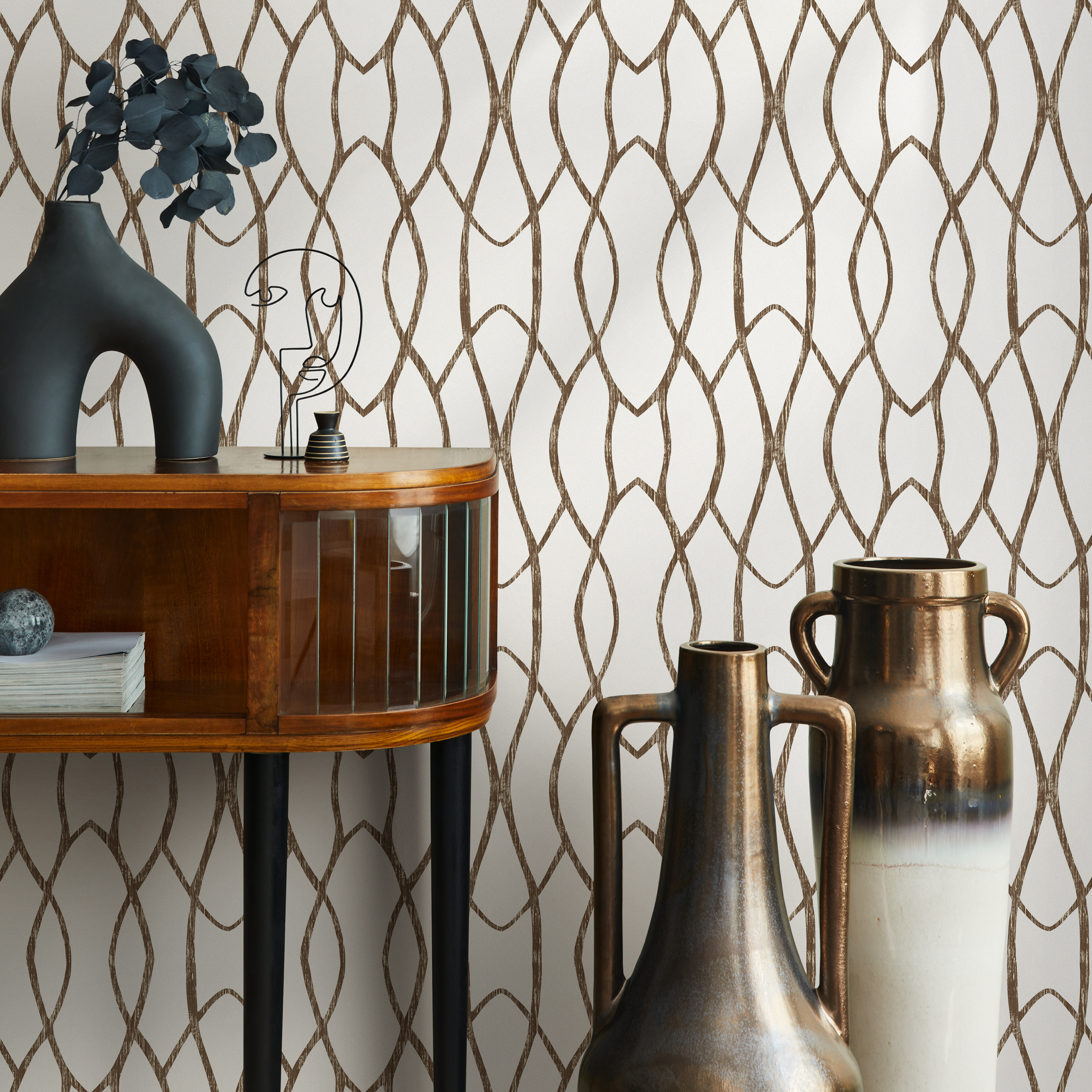 Geometric Wallpaper With Interlocking Wavy Lines In Brown And White - C889