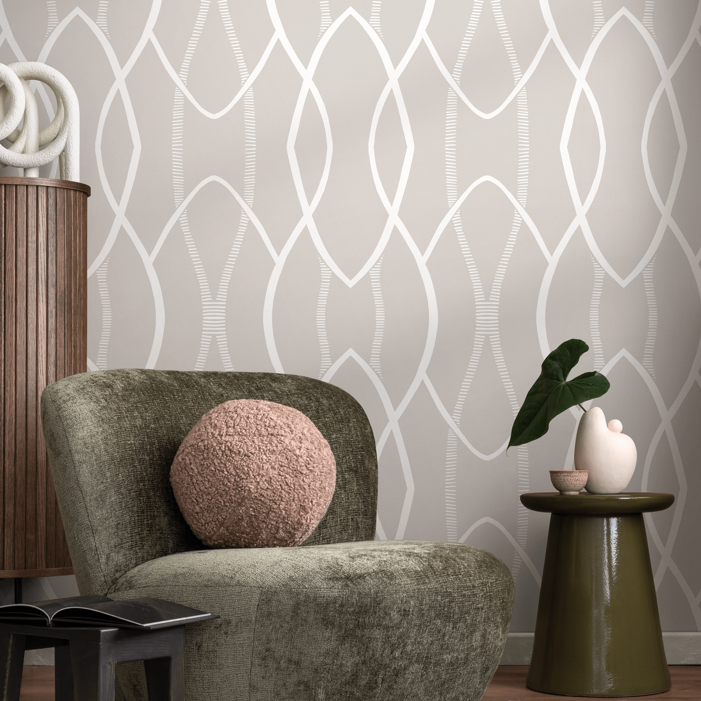 Abstract Wallpaper With A Boho Ogee Lattice In Gray And White - C890