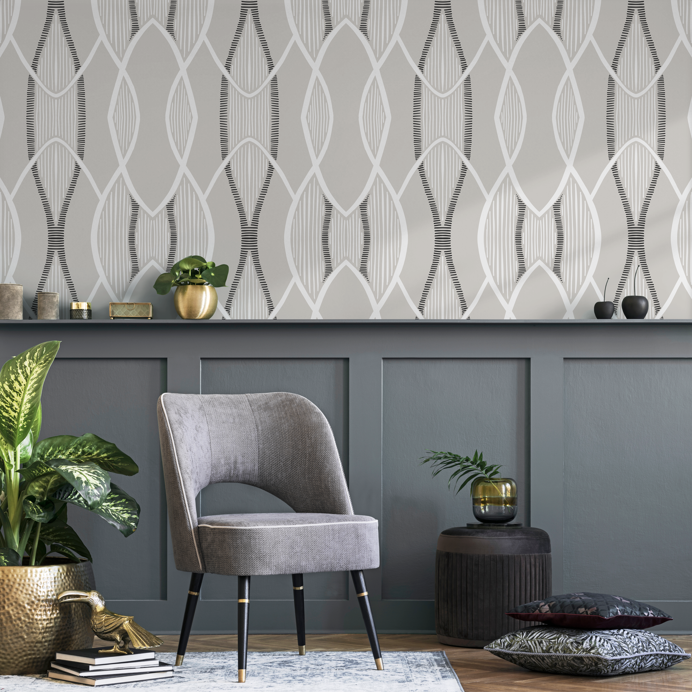 Abstract Wallpaper With A Modern Linear Pattern In Gray, White, And Black - C891