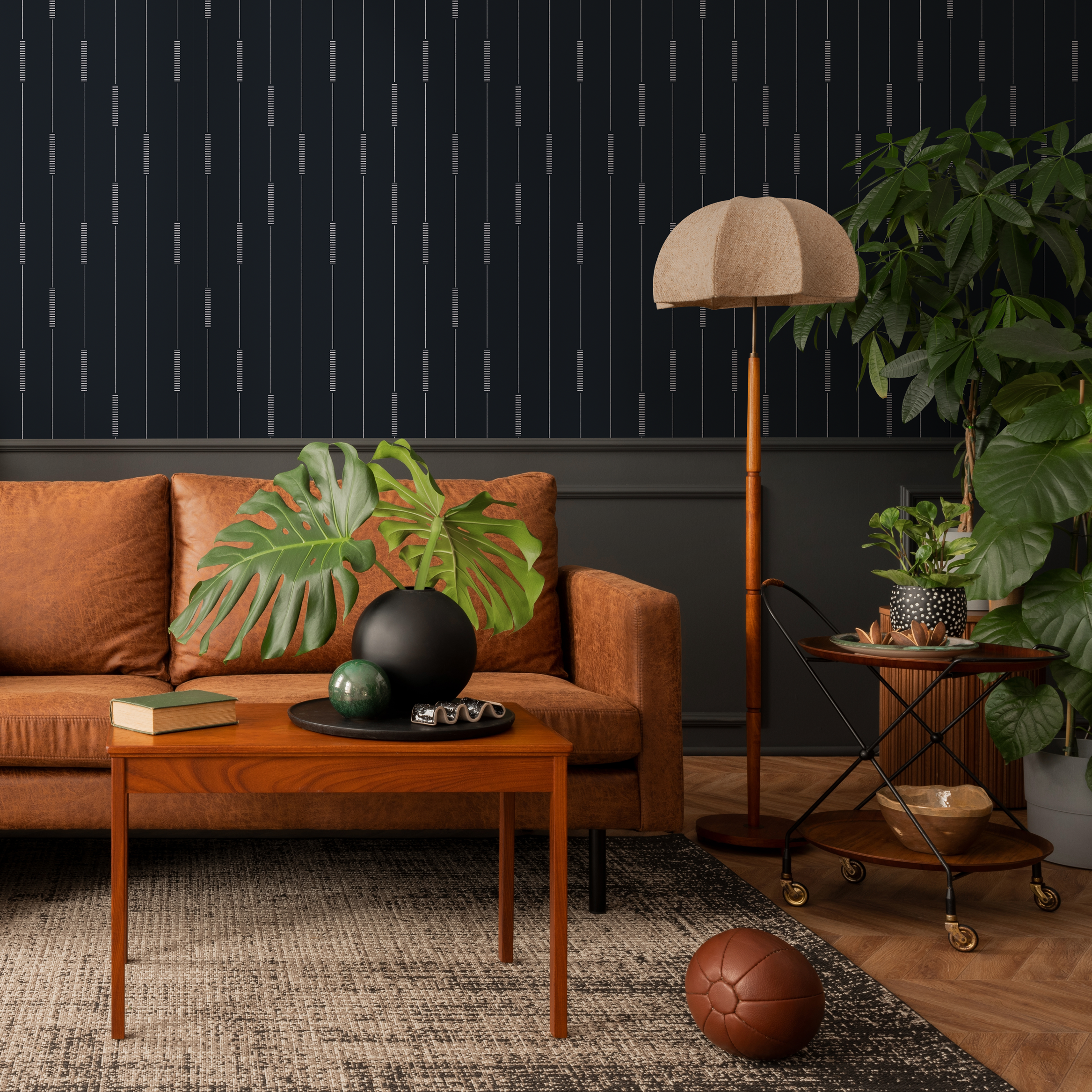 Striped Wallpaper With A Dashed Line Motif In Black And Gray - C893