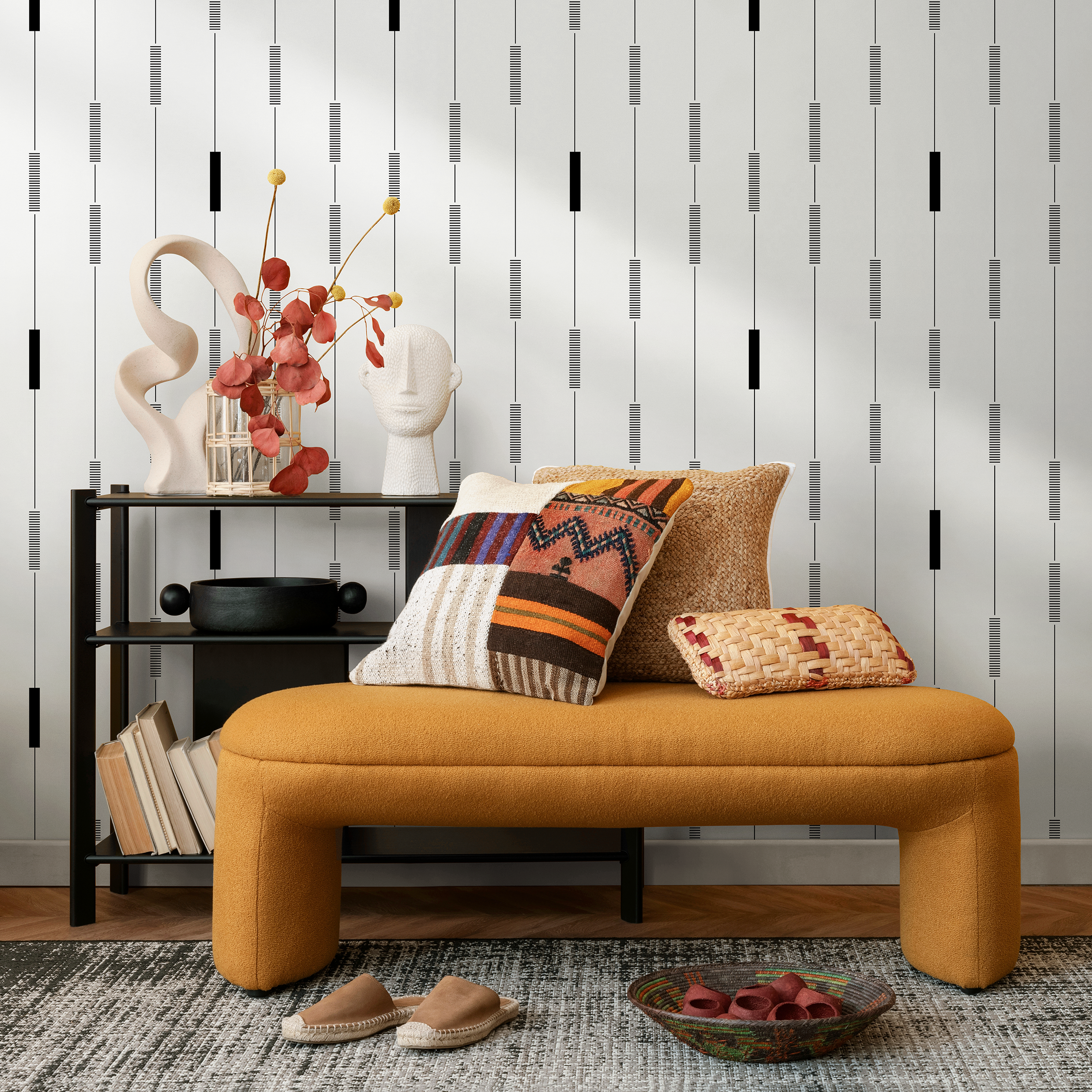 Geometric Wallpaper With A Rhythmic Linear Pattern In Black And White - C894