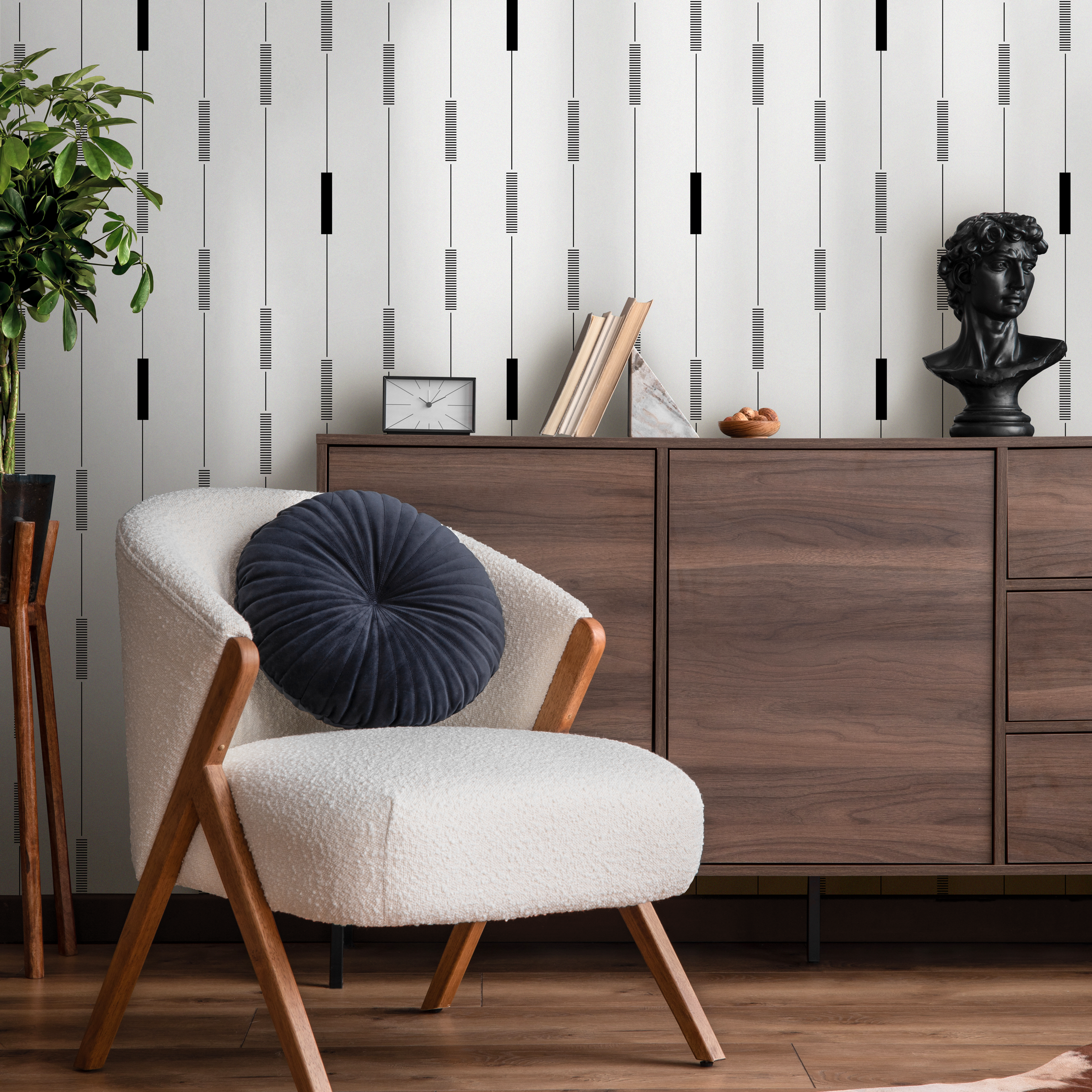 Geometric Wallpaper With A Rhythmic Linear Pattern In Black And White - C894