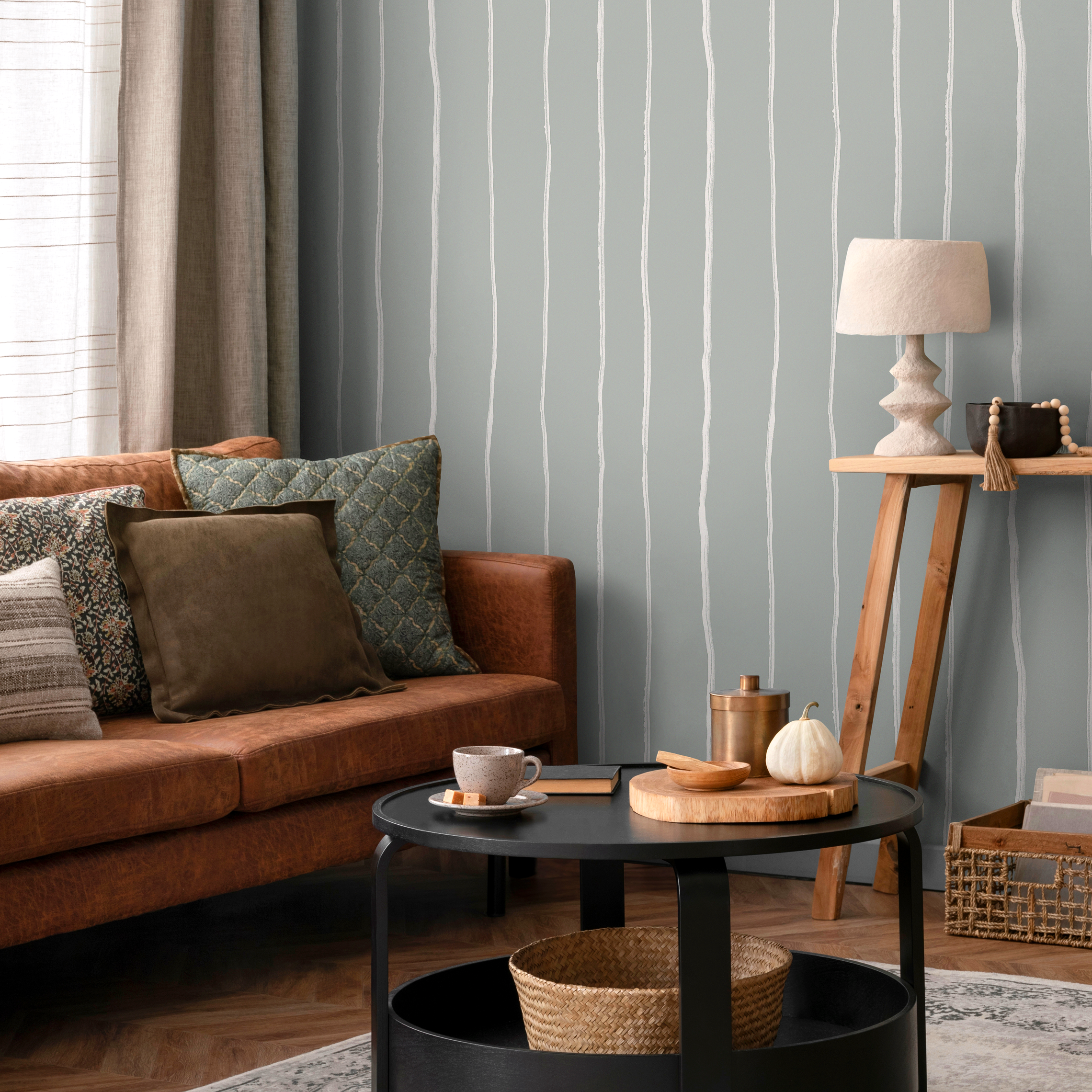 Striped Wallpaper With Hand-drawn Lines In Mint Green And White - C897