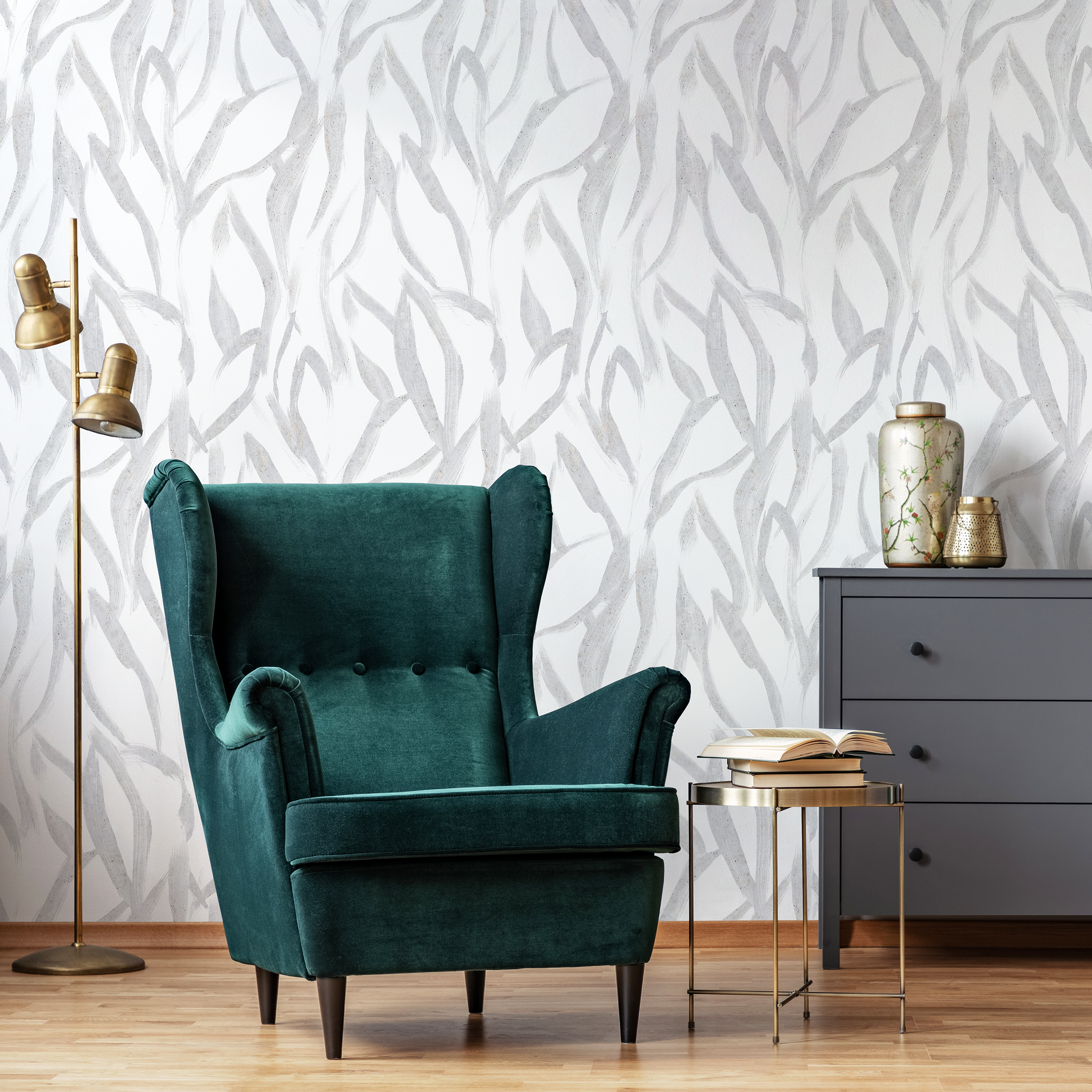 Abstract Wallpaper With Flowing Leaf Motifs In Gray - C900