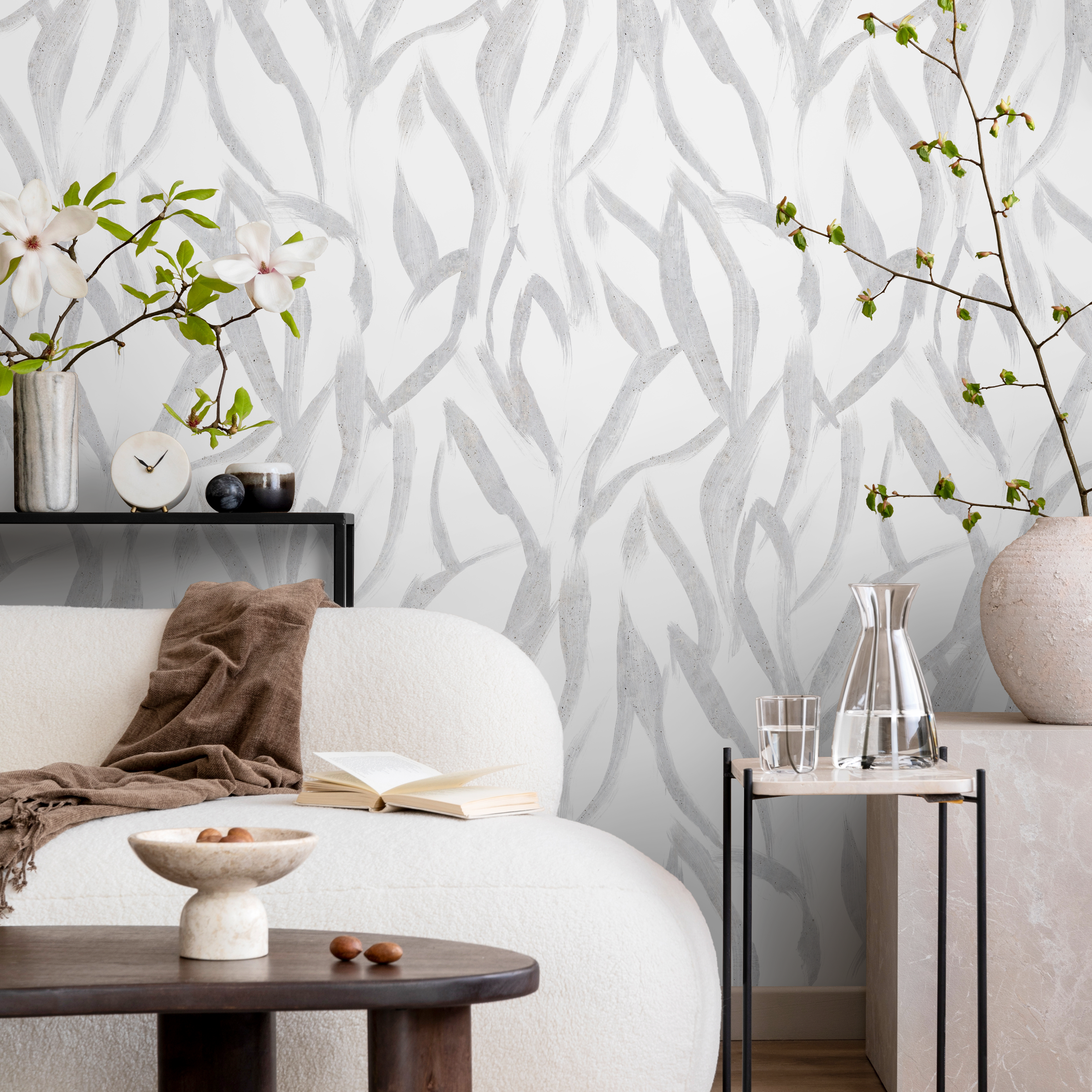 Abstract Wallpaper With Flowing Leaf Motifs In Gray - C900