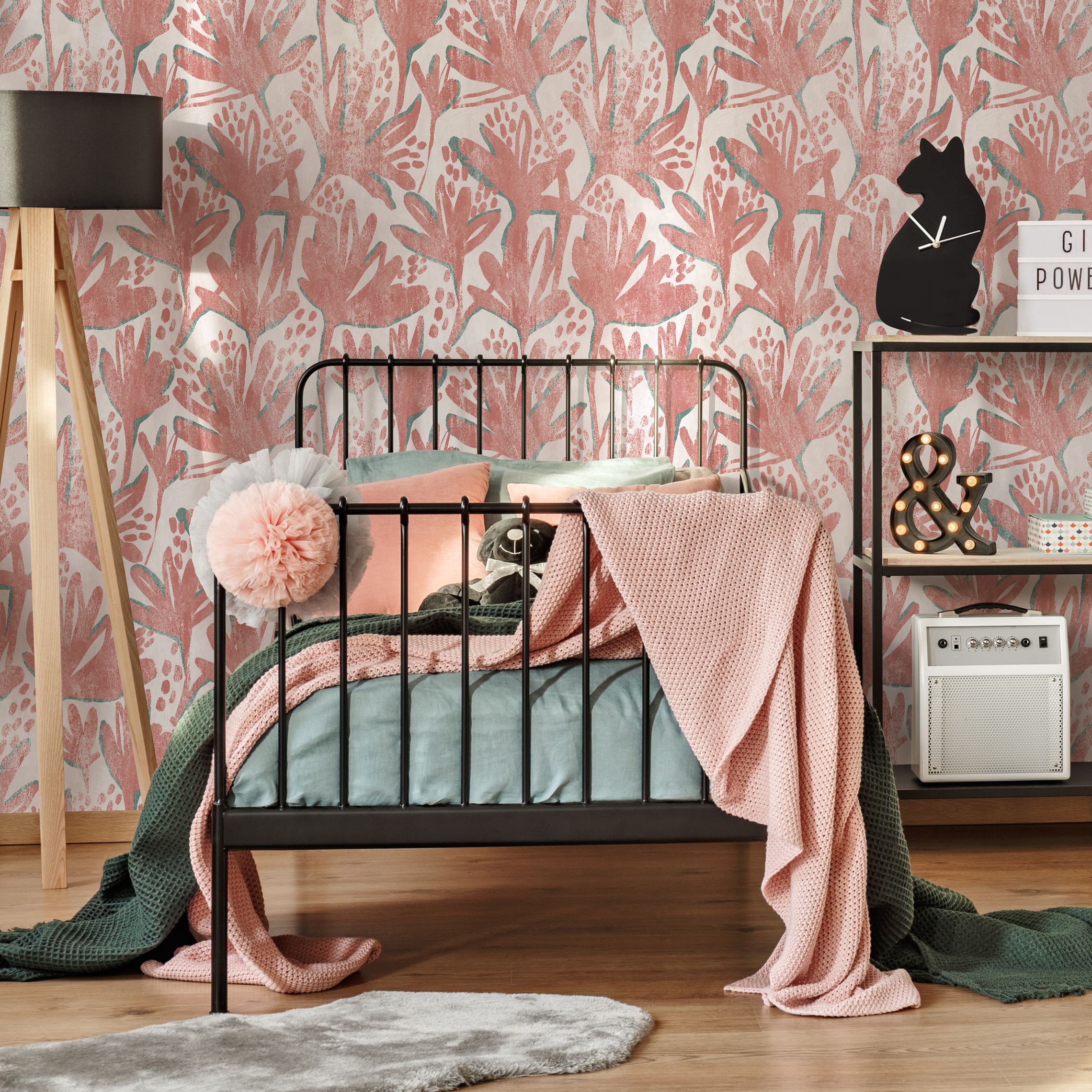 Floral Wallpaper With A Stylized Botanical Print In Pink And Teal - C902