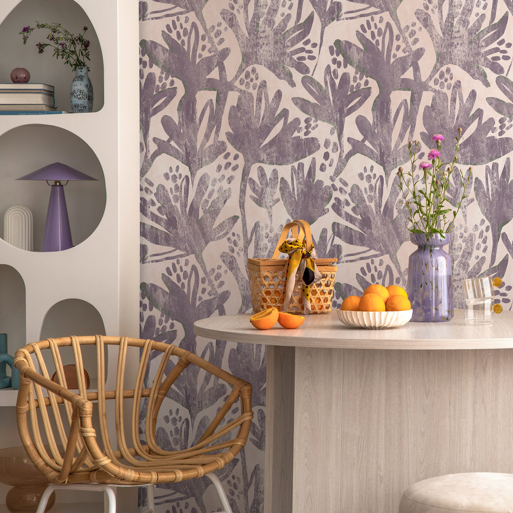 Floral Wallpaper With A Distressed Botanical Print In Purple And Pink - C903