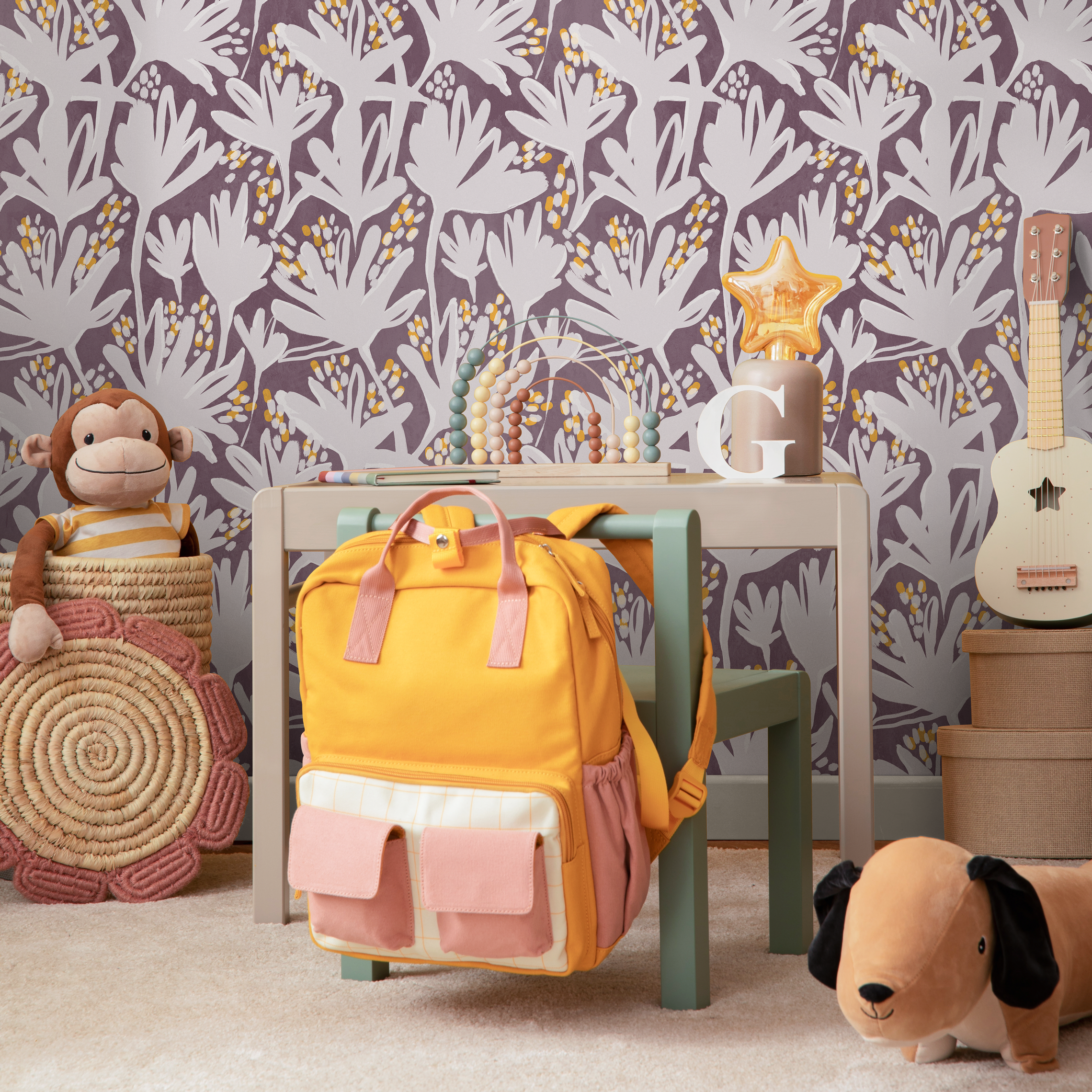 Abstract Wallpaper With A Stylized Floral Motif In Purple, Gray, And Yellow - C904