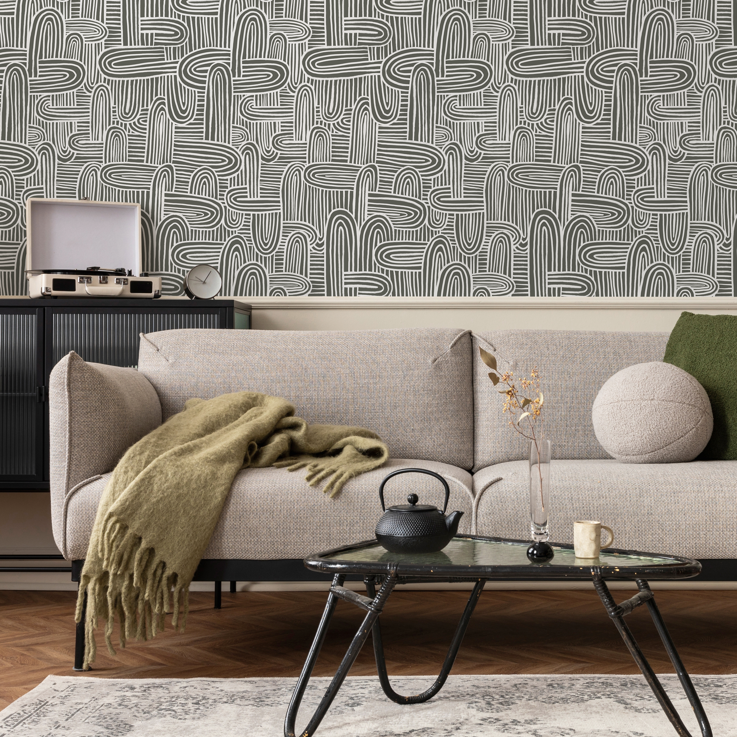 Abstract Wallpaper With Hand-drawn Organic Lines In Gray Green And White - C905
