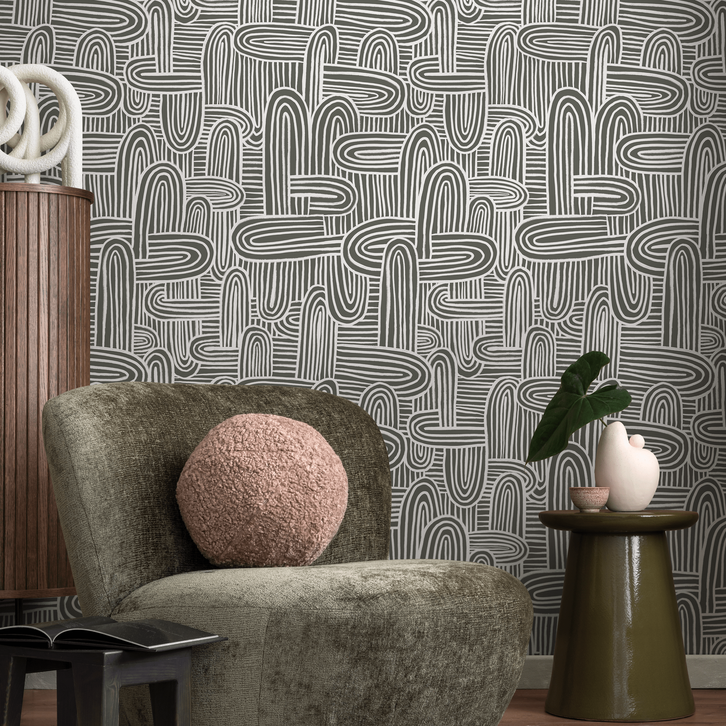 Abstract Wallpaper With Hand-drawn Organic Lines In Gray Green And White - C905