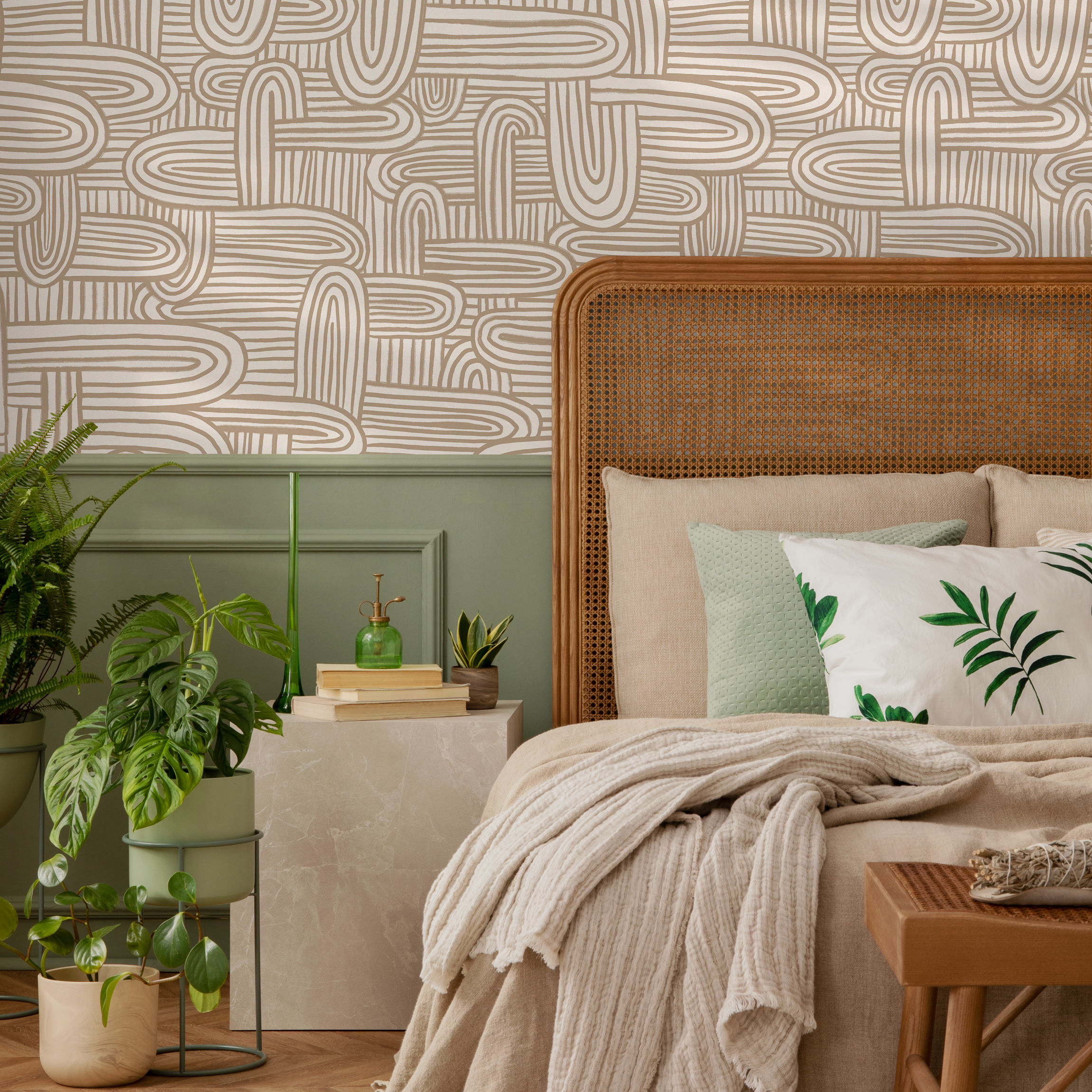 Abstract Wallpaper With Organic Brush Stroke Arches In Beige And Cream - C908