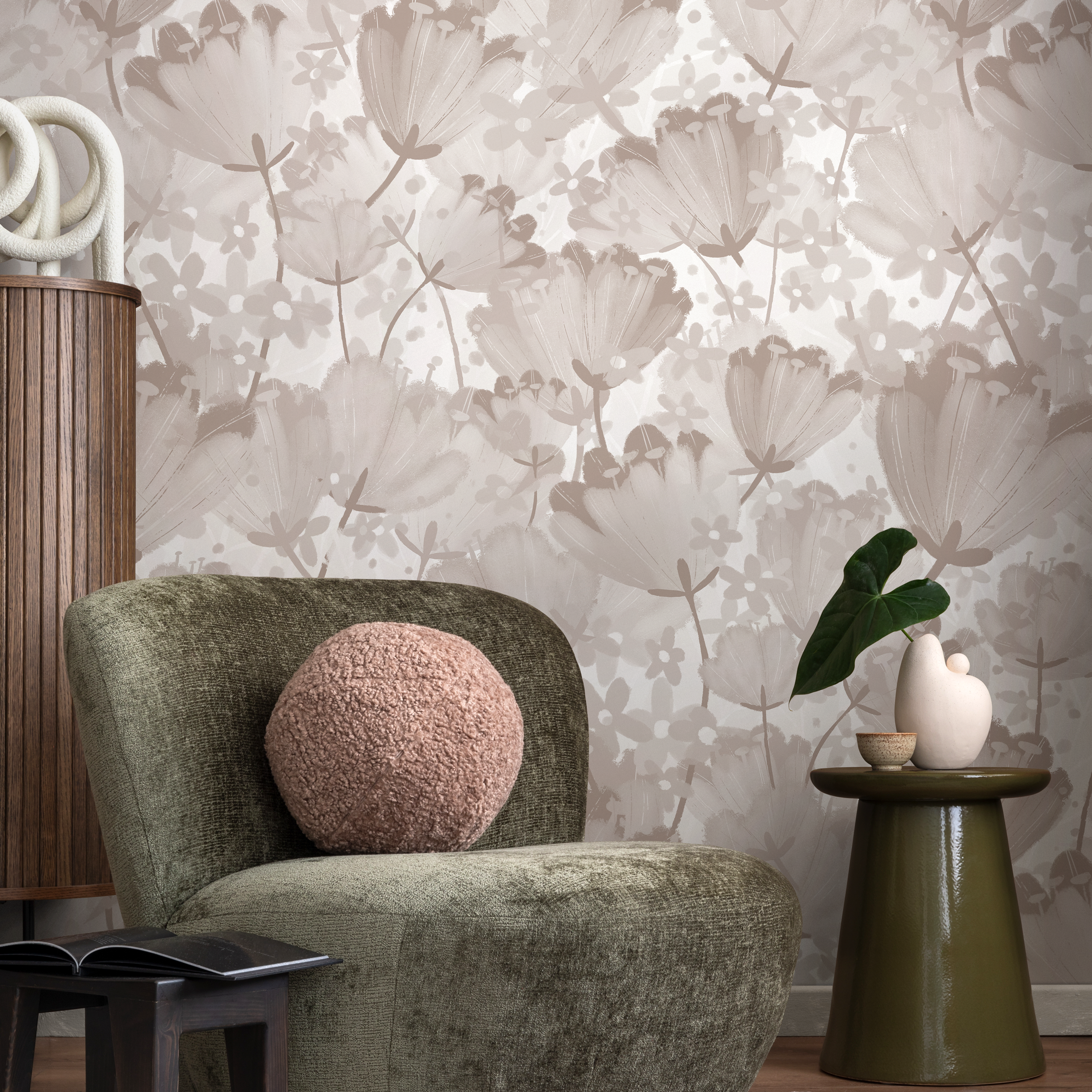 Floral Wallpaper With A Soft Painted Tulip Motif In Beige And Taupe - C913
