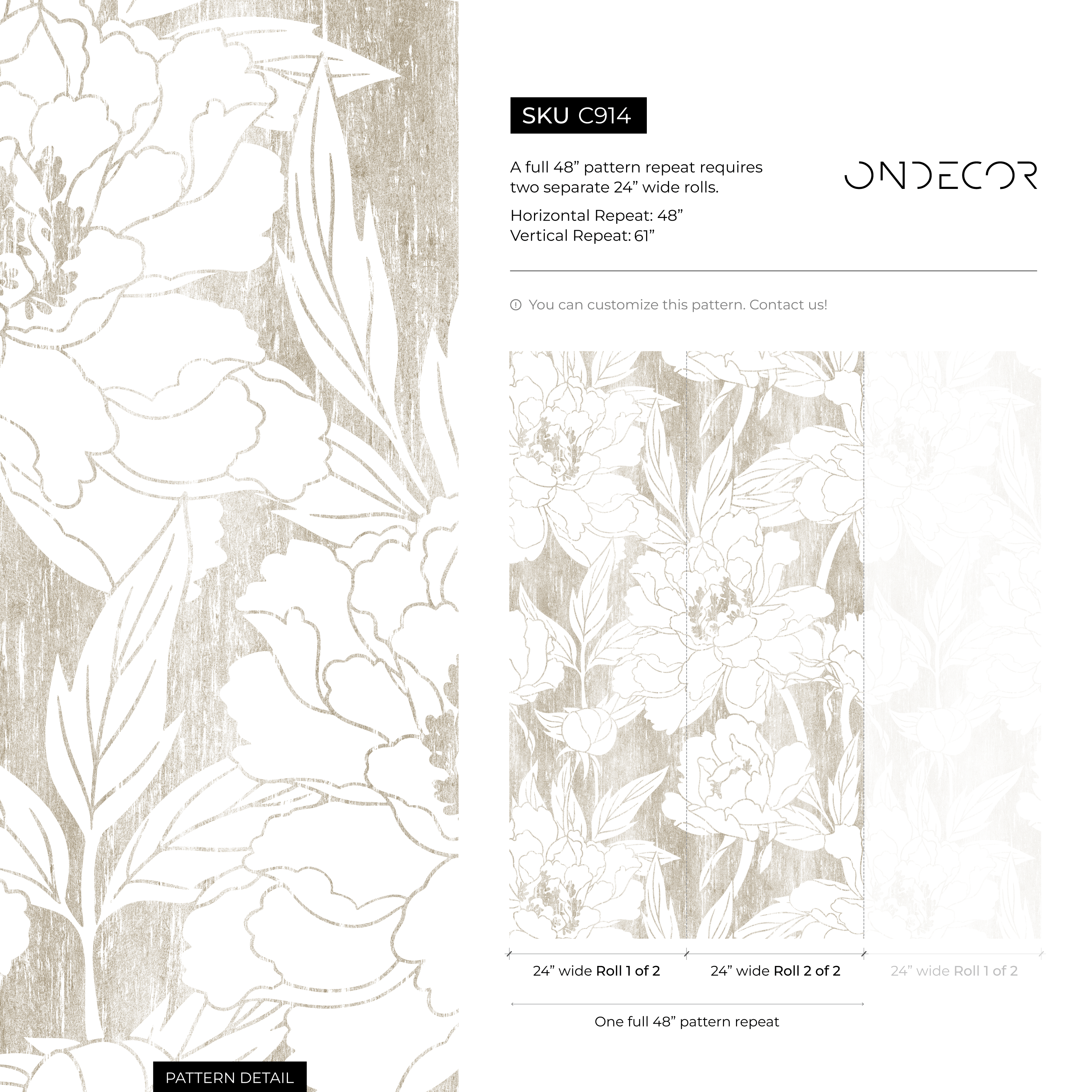 Vintage Floral Wallpaper With Peony Outlines In Beige And Cream - C914