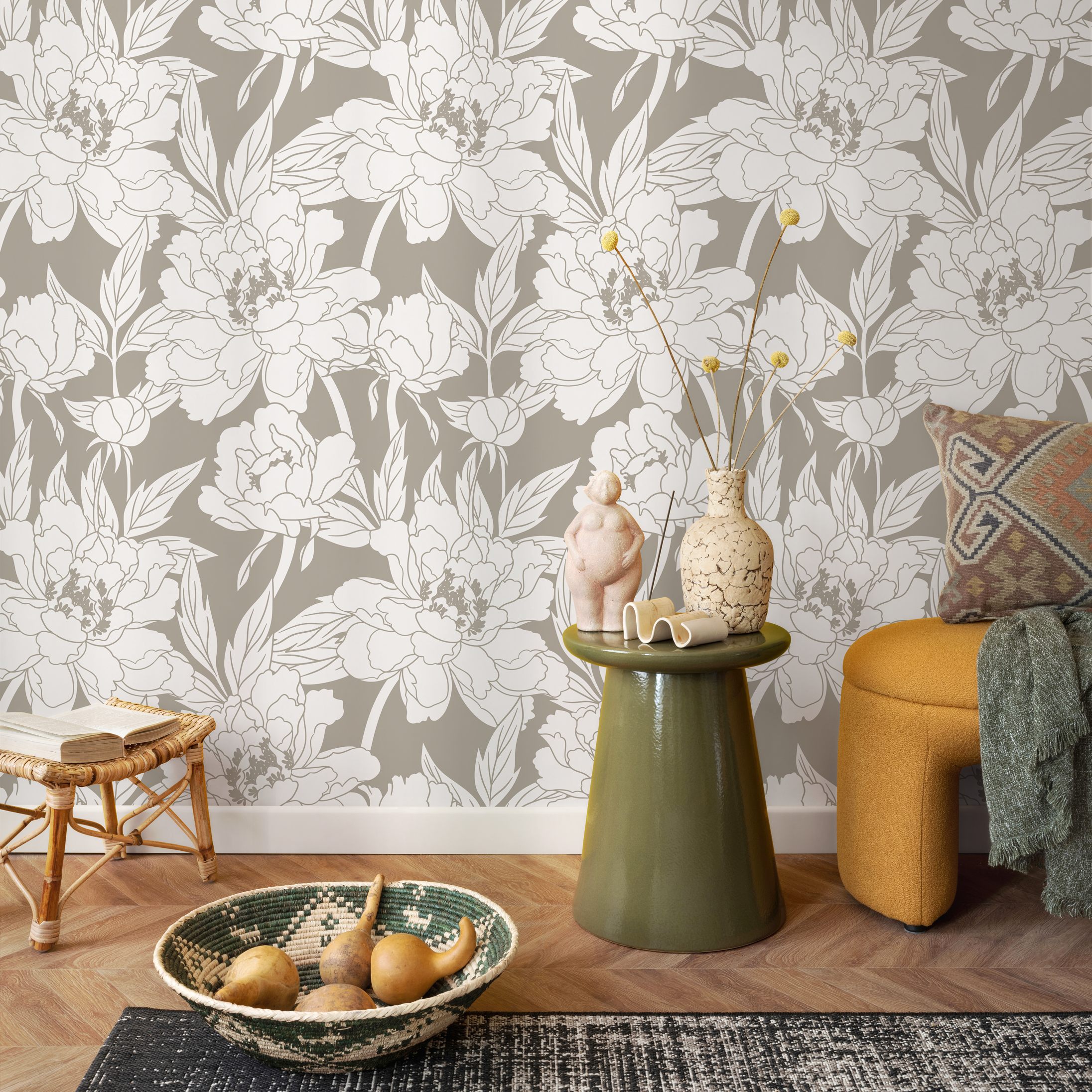 Floral Wallpaper Featuring Peony Line Art In Taupe And White - C915