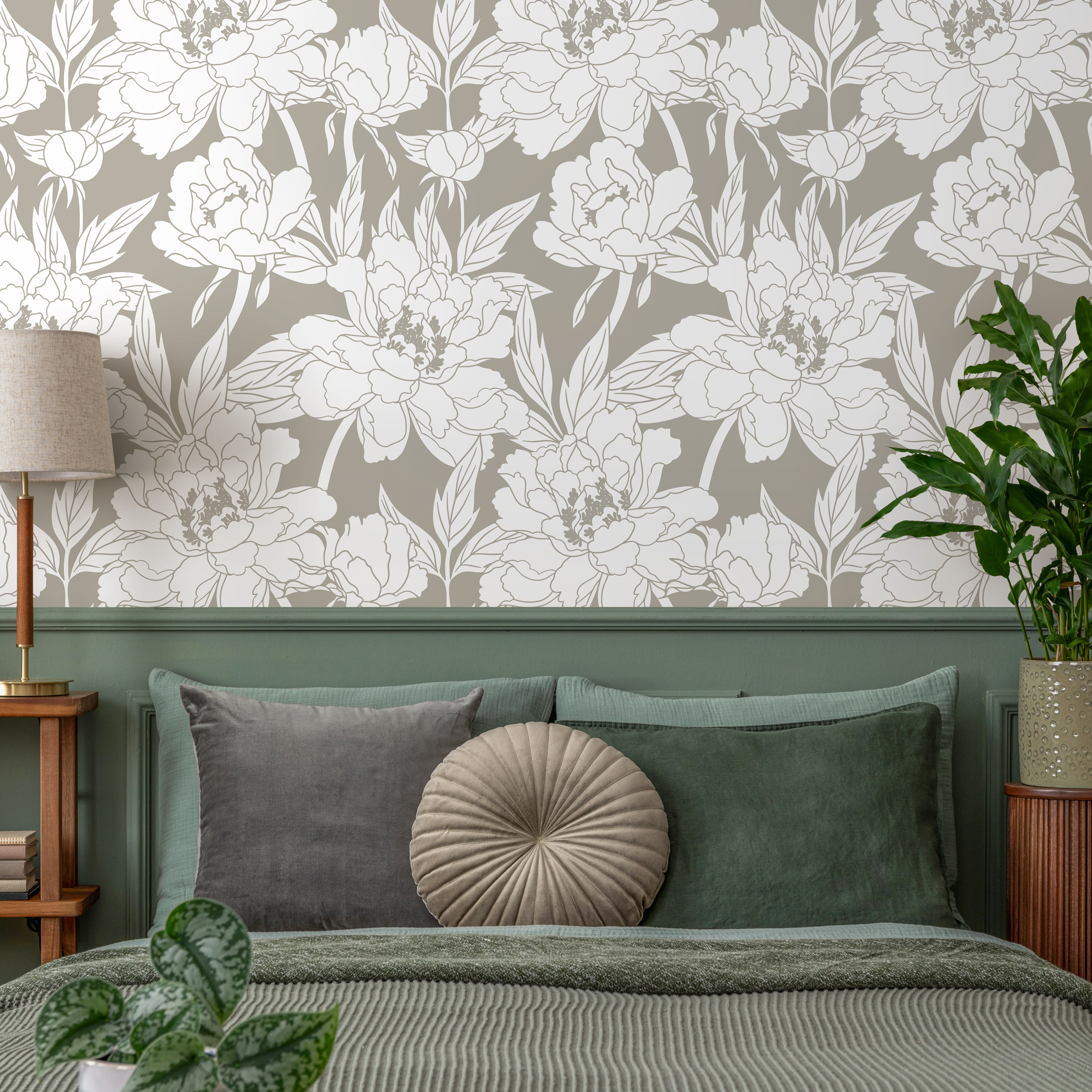 Floral Wallpaper Featuring Peony Line Art In Taupe And White - C915