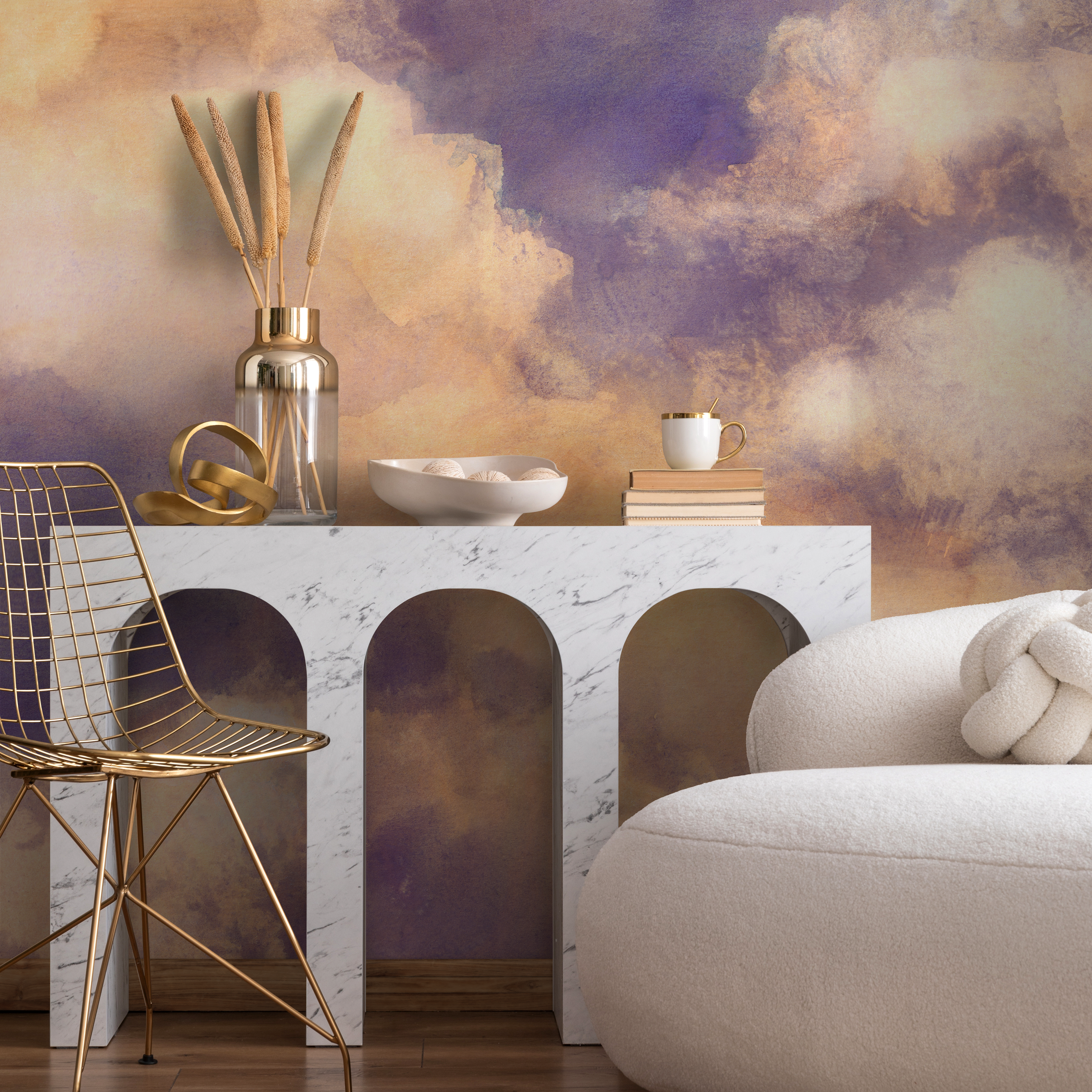 Watercolor Wallpaper With A Soft Cloud Effect In Purple, Orange, And Yellow - C917