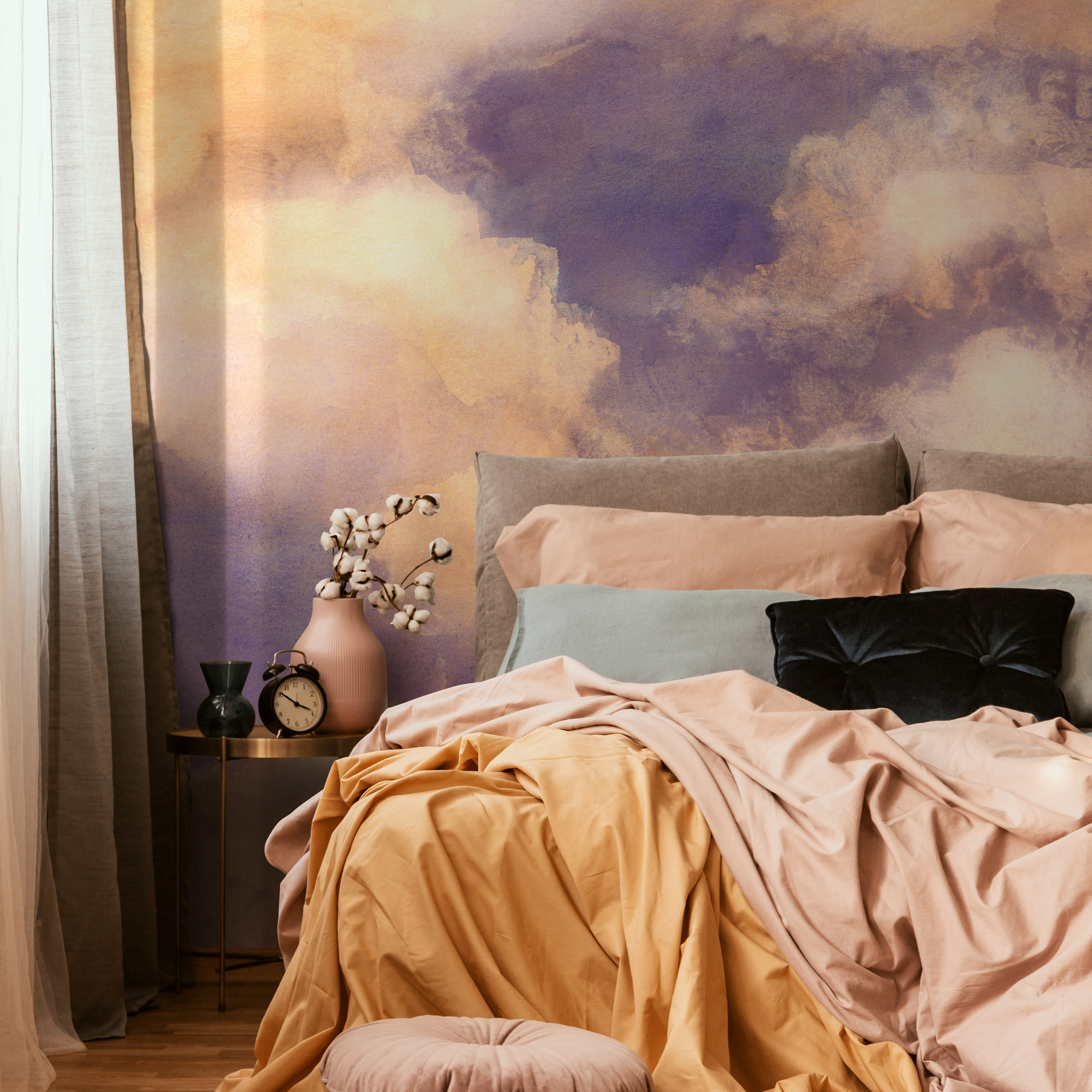 Watercolor Wallpaper With A Soft Cloud Effect In Purple, Orange, And Yellow - C917
